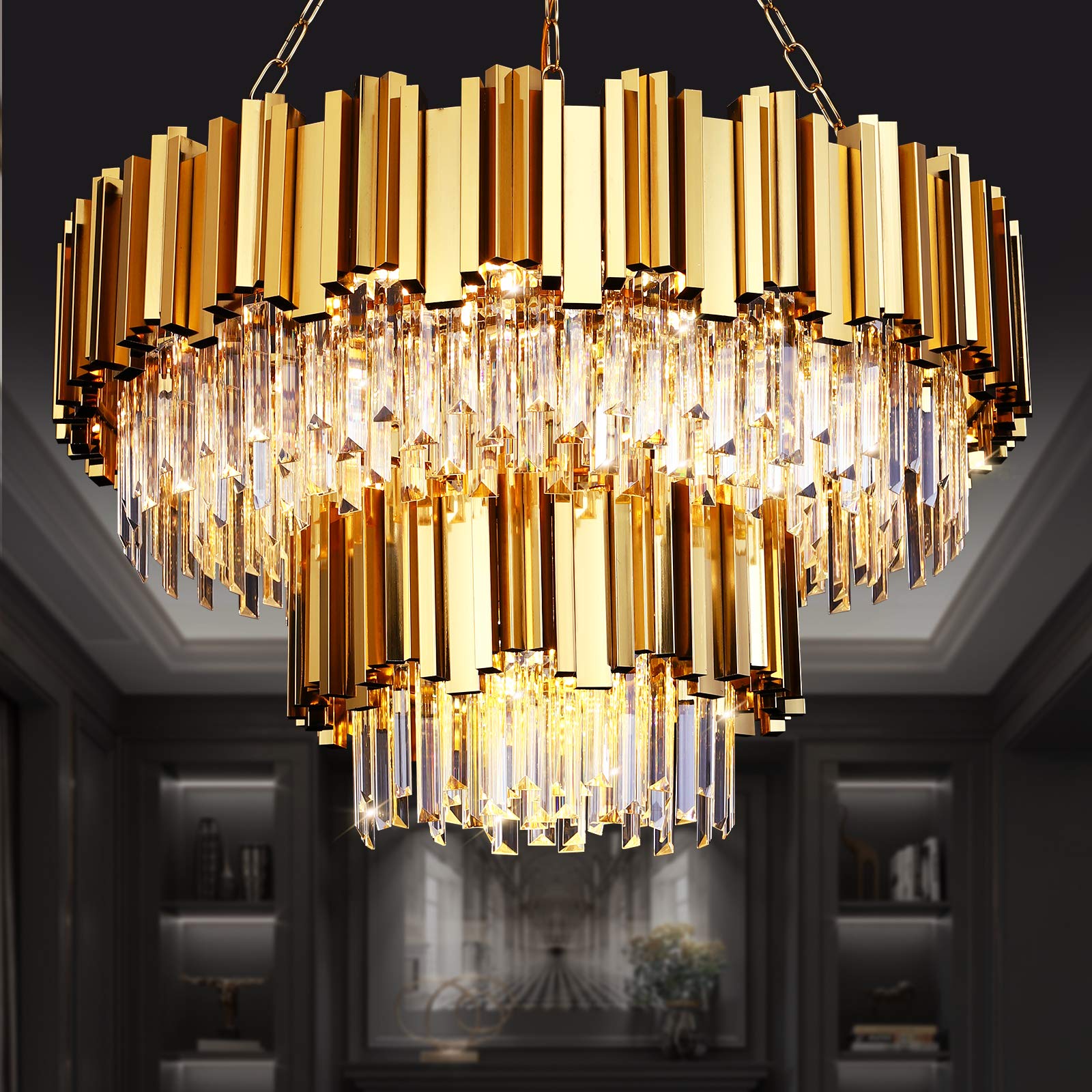 Photo 1 of **NONREFUNDABLE**FOR PARTS OR REPAIR**SEE NOTES**
KIIKOOPRO Modern Crystal Chandeliers, Gold Round Chandelier Light Fixture, 2-Tier Raindrop Chandelier Pool Table Light for Bathroom Dining Room Living Room XX-Large