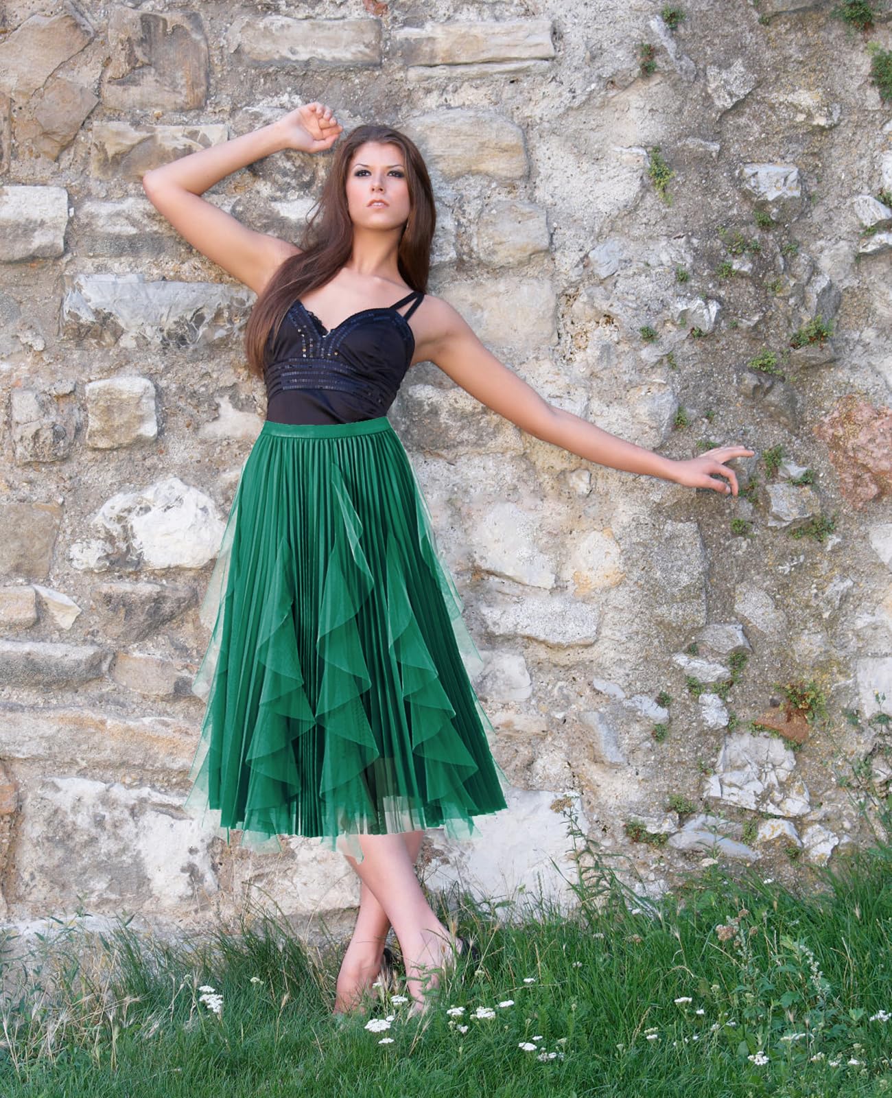 Faldas de tul para mujer, falda tutú escalonada de malla, cintura elástica alta y baja, falda de tul midi para fiesta, Hada Verde, Talla única