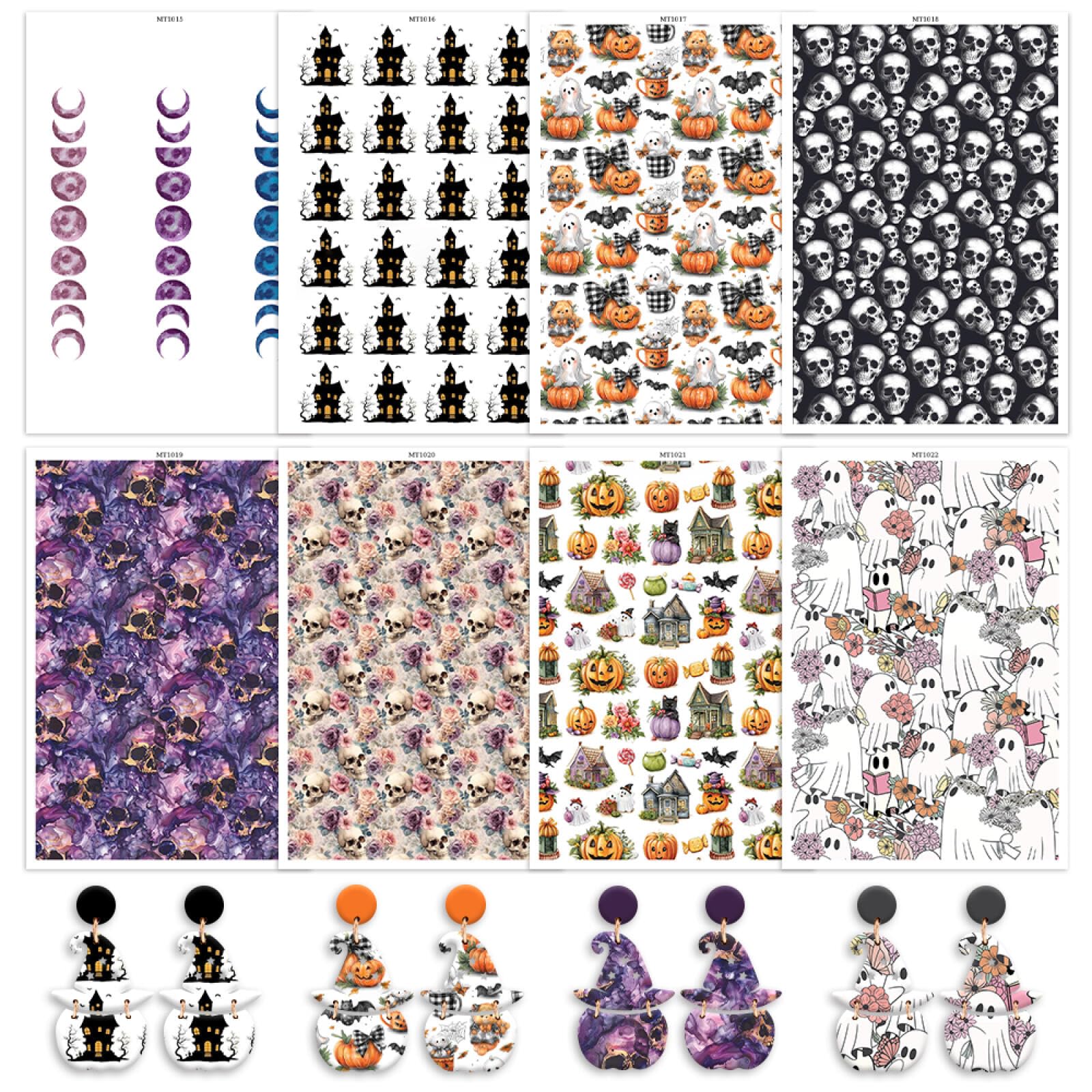 8 Pcs Halloween Transfer Paper for Polymer Clay, Skull Pumpkin Ghost Moon Spiders Pattern Water Transfer Sheet for Polymer Clay, Water Soluble Transfer Sheet for Earrings Jewelry Making 5.8X3.9 in