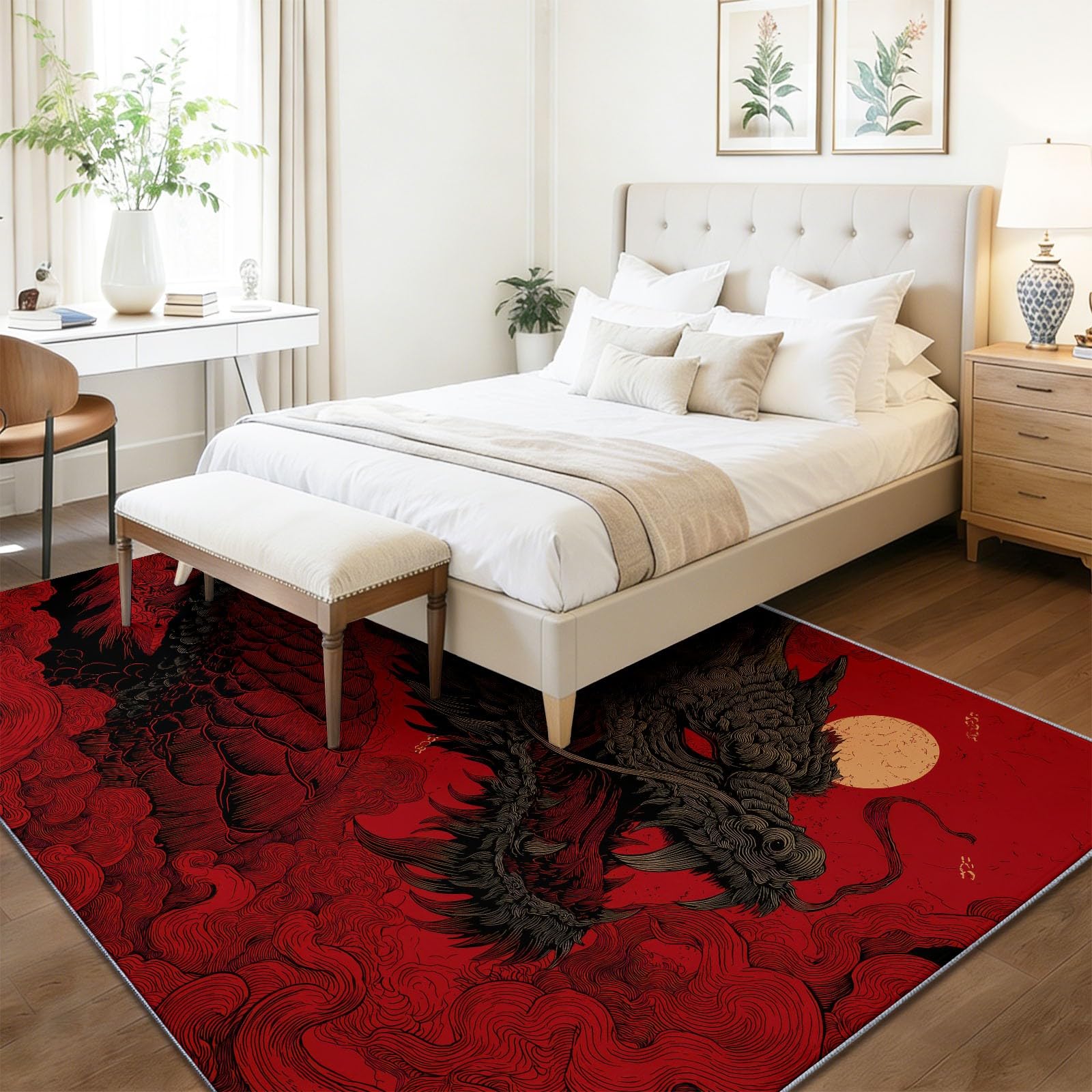 Tapis de Salon Lavable en Machine Rouge Oriental Dragon Lune Anime Faible Poil Antidérapant avec Motif Imprimé Tapis Chambre pour la Chambre à Coucher, 120 x 170 cm