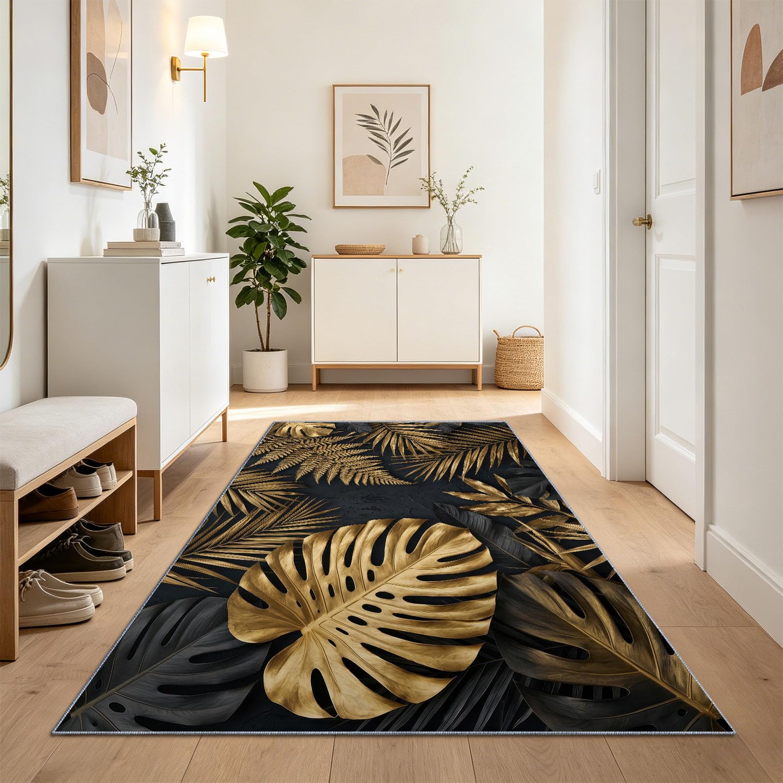 Tapis Salon Lavable Moderne Luxe Tropical Plante Feuille De Monstera, Doux Antidérapant Tapis de Passage Couloir, Cuisine, Entrée, Adulte Enfant Chambre, Descente de Lit Decoration 80 x 180 cm, Gris