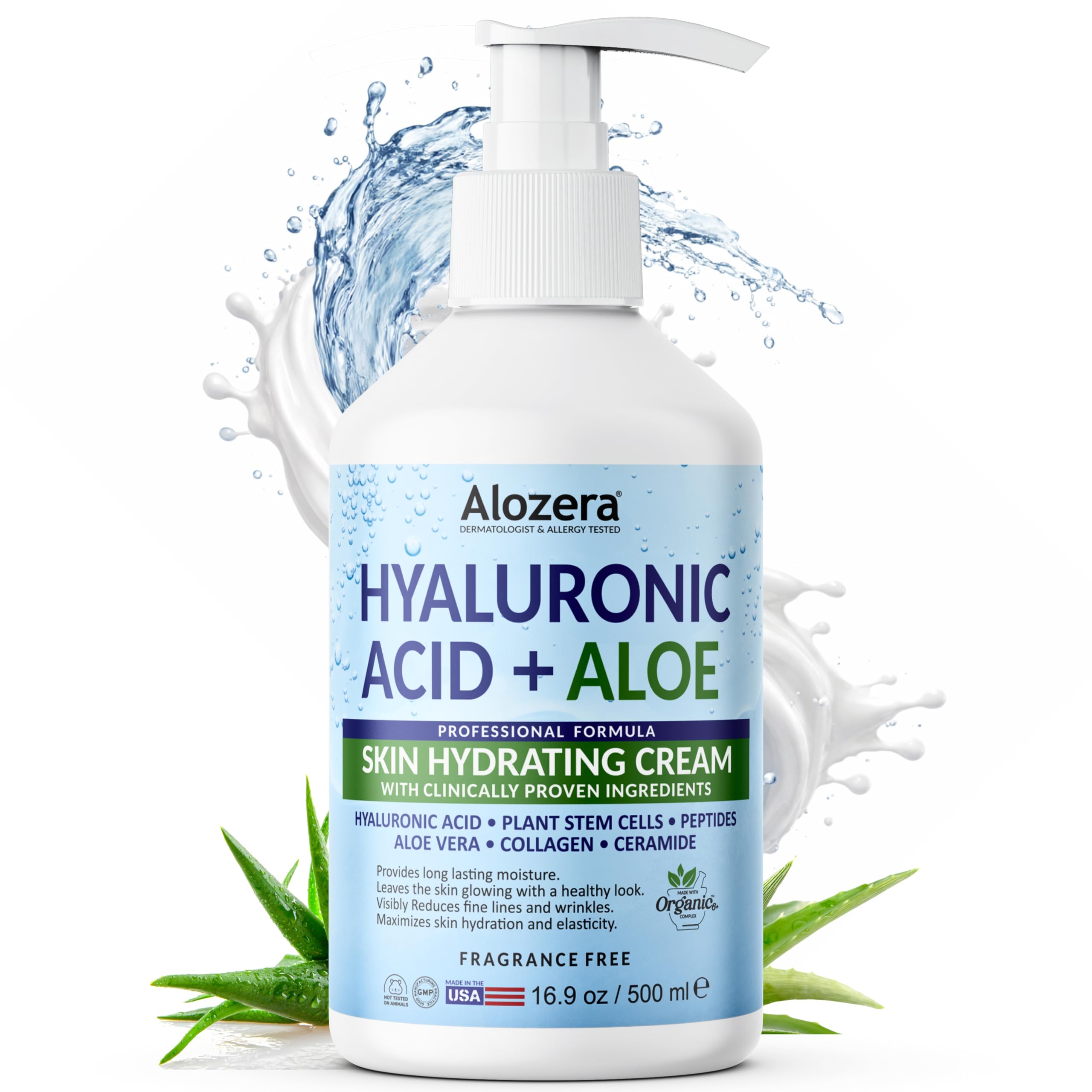 Alozera Hyaluronic Acid Body Lotion with Aloe & Stem Cells, Daily Moisturizing Lotion for Dry, Sensitive Skin Hydration, Non-Greasy, Lightweight Moisturizer, Fragrance-Free, 16.9 oz