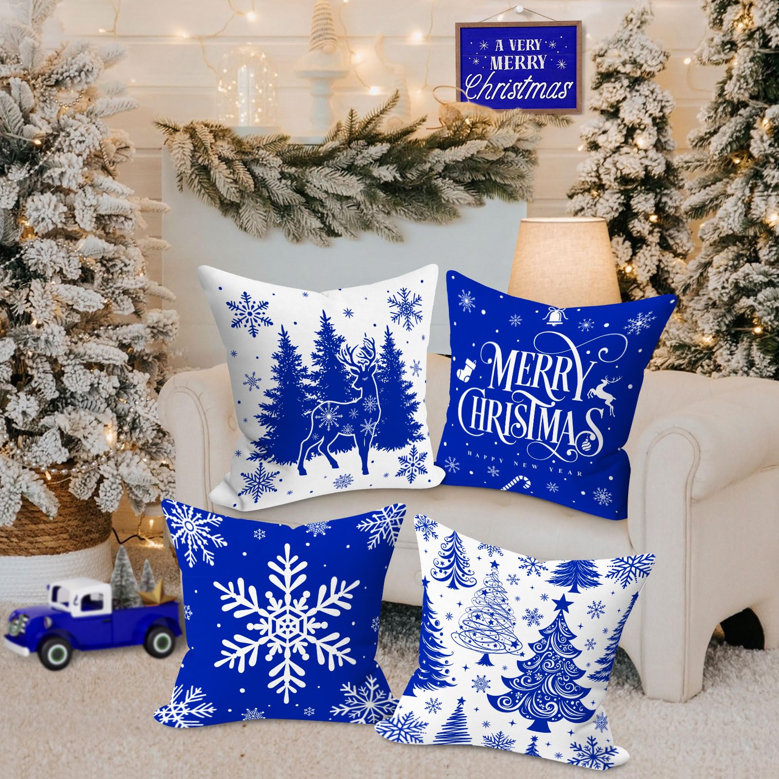 Lanpn 40x40 cm Blue Christmas Pillow Covers Set of 4, Winter Decorative Pillow Case - Image 4