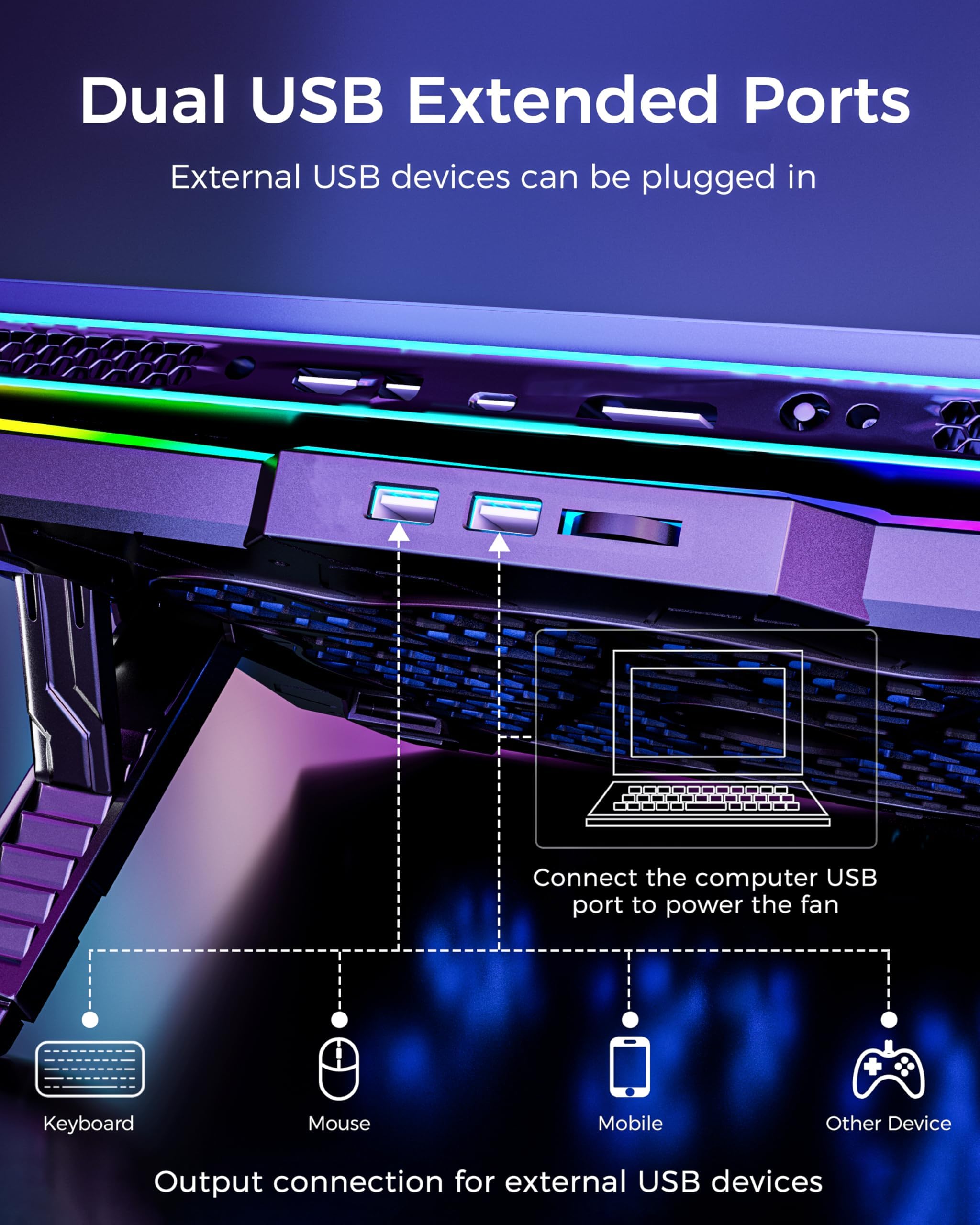 Almohadilla de refrigeración para laptop para juegos con 8 ventiladores, soporte de computadora RGB para portátil de 15.6 a 17.3 pulgadas con 7 ranuras de altura, 2 puertos USB, AA3 5