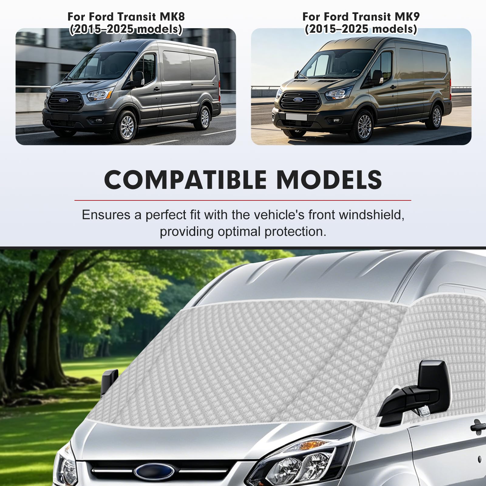 Scheibenabdeckung Kompatibel mit Ford Transit 2015-2025 MK8 & MK9, Wohnmobil-Frontscheibenabdeckung mit Tasche, Ganzjahresschutz