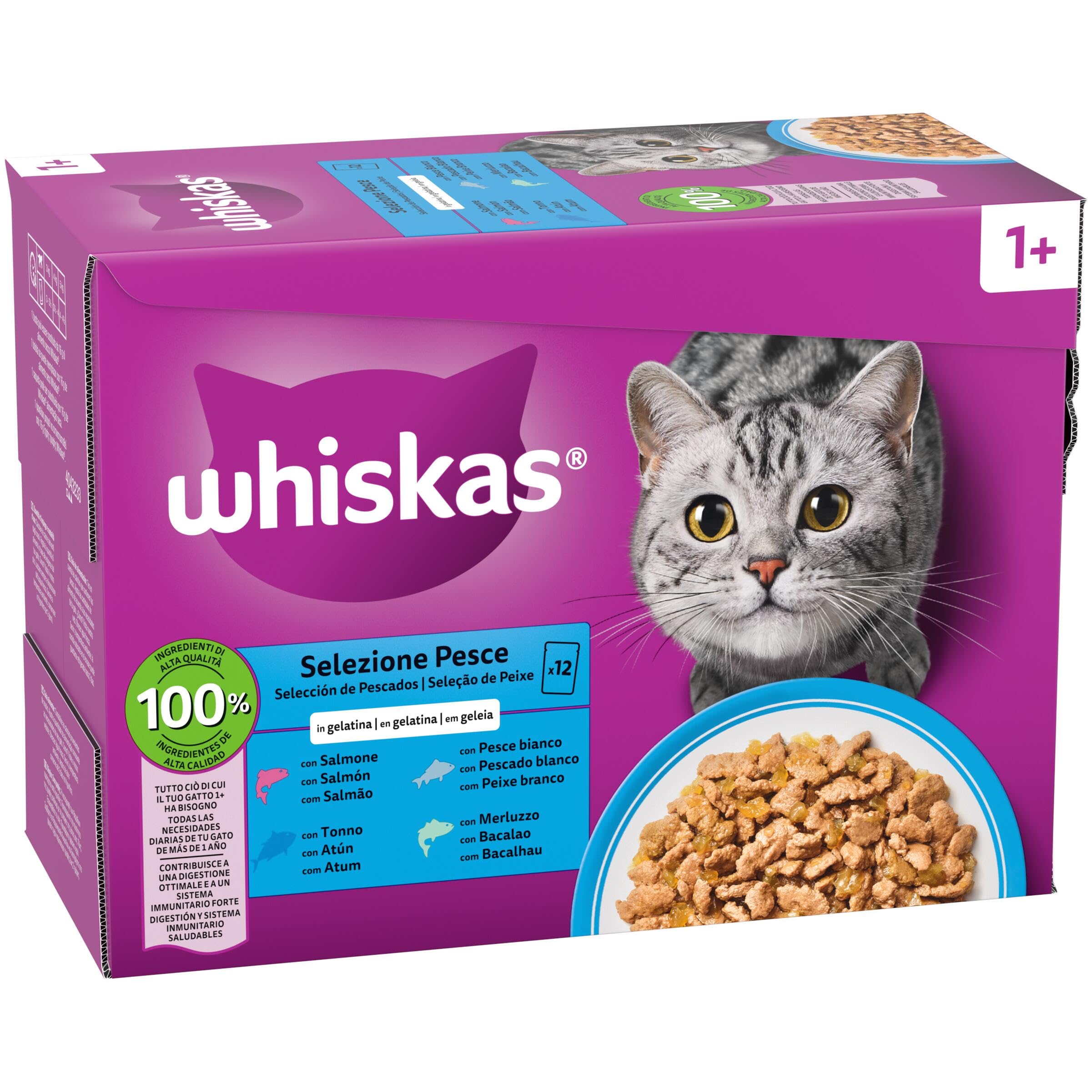 Whiskas Comida Húmeda para Gatos Adultos Selección Pescados en Gelatina (Multipack 4x12x85g)