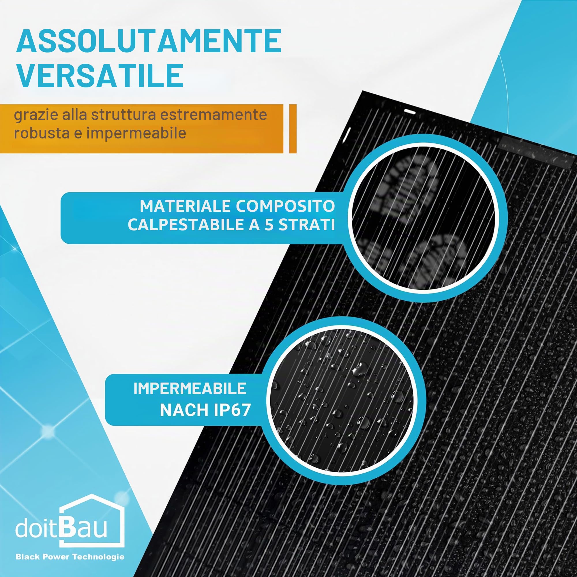 doitBau Modulo solare flessibile 200 W Full Black con scatola posteriore, ultra sottile 2 mm, 1,9 kg, 1352 × 770 mm, per camper, barca, balcone e tetto