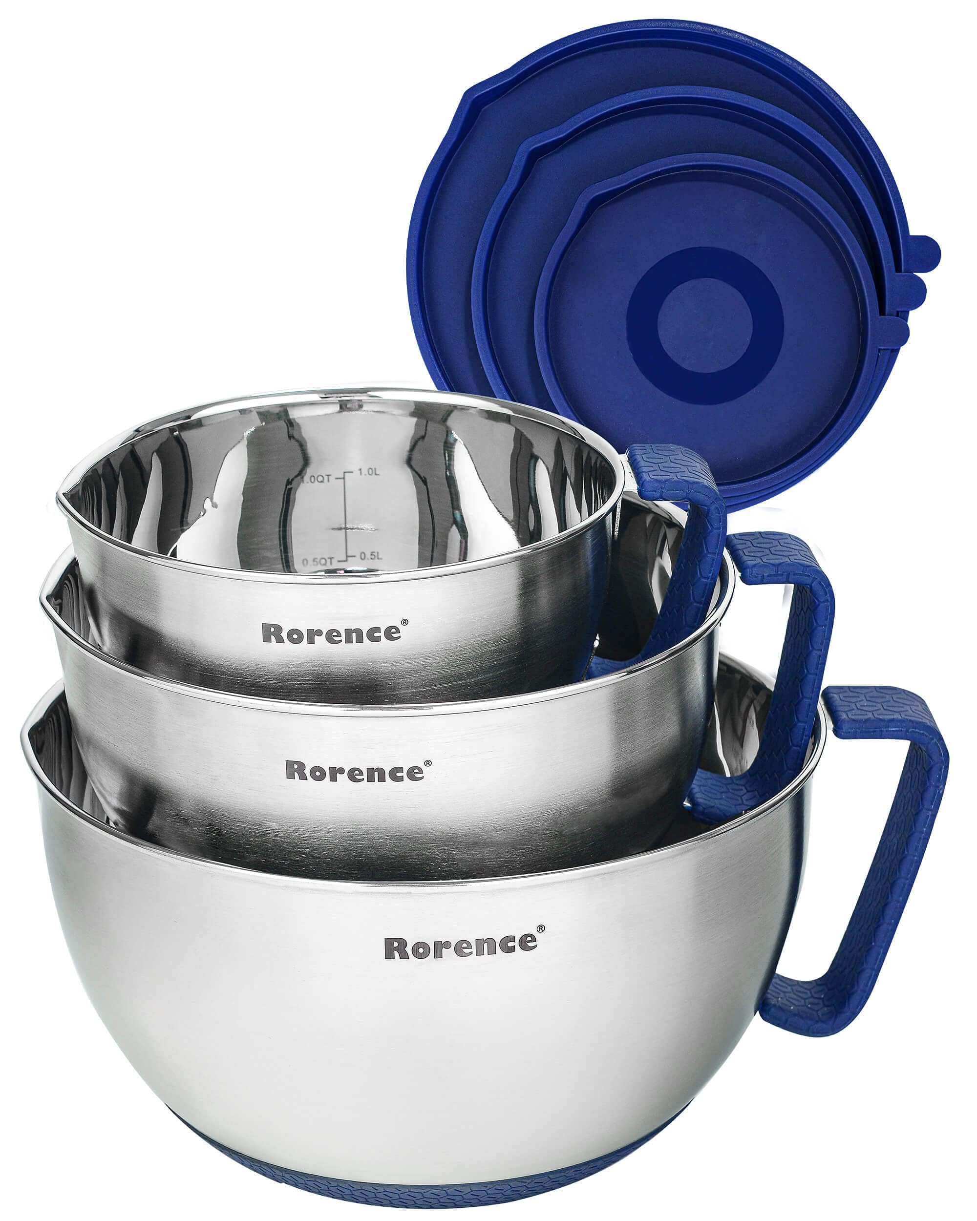 Rorence Mixing Bowl Set with Lids - Stainless Steel Mixing Bowls with Handles, Non-Slip Bottom and Pouring Spout - Blue