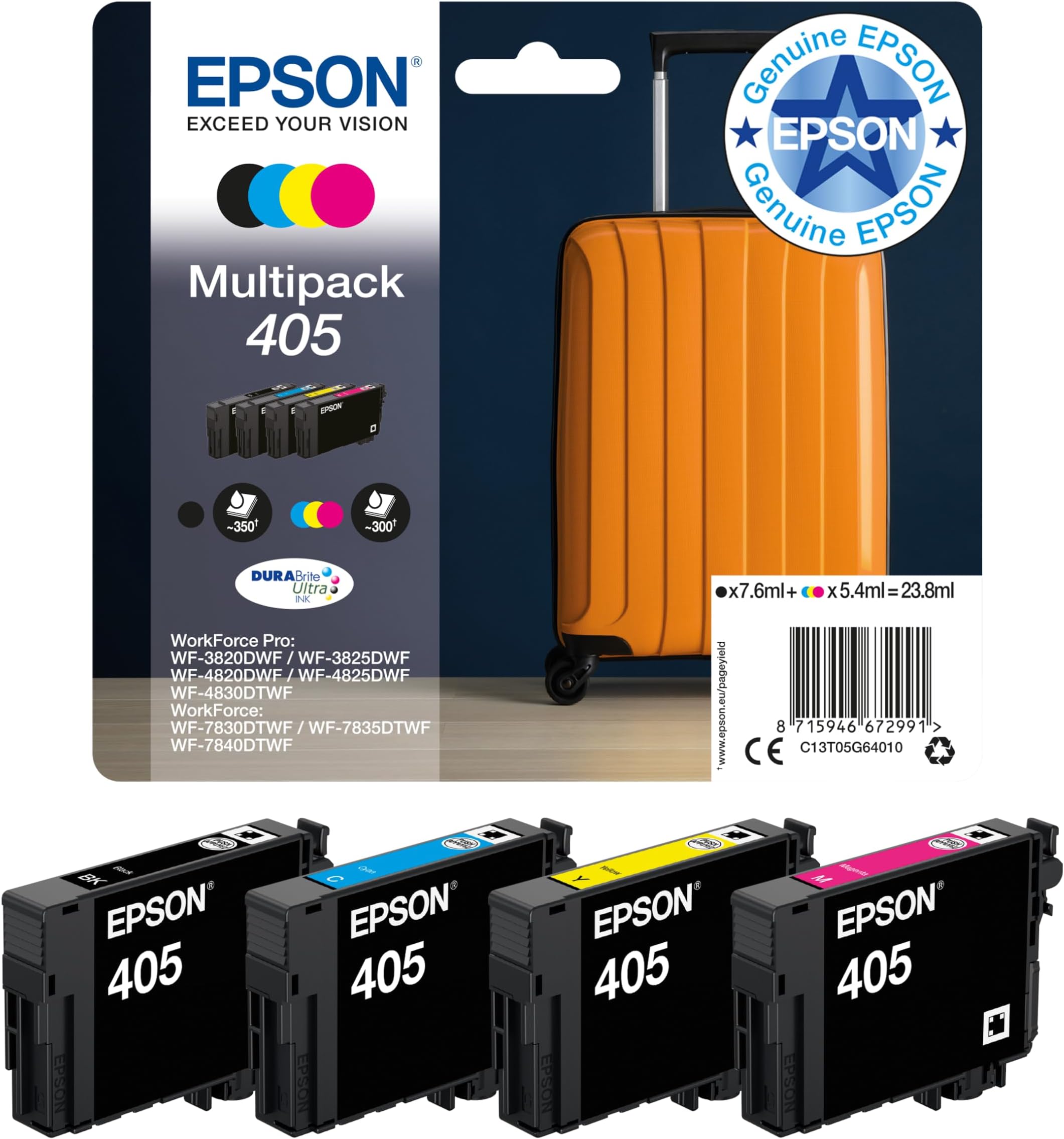 405 Suitcase Genuine Multipack, 4-colours Ink Cartridges, DURABrite Ultra Ink