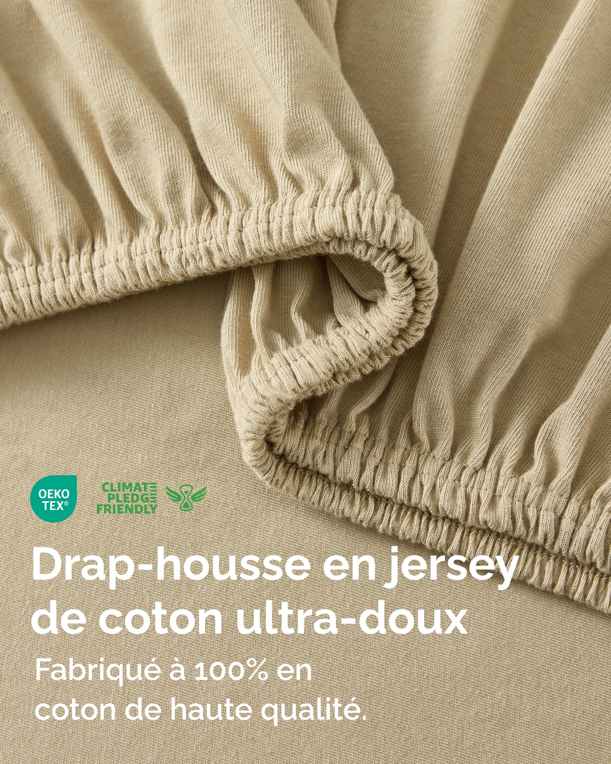 Drap Housse Jersey Coton 180x200 - Grand Bonnet 40cm (16") - Beige | Doux, Infroissable, Respirant, Hypoallergénique, Extensible, Élastique Intégral, Anti-Décoloration, Durable, OEKO-TEX