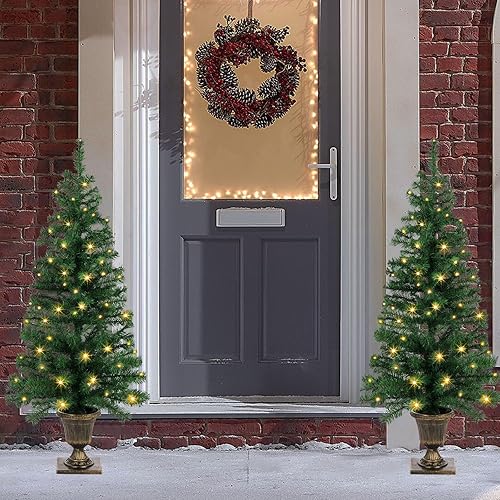 Miniatura 6 de Árbol de Navidad preiluminado de 4 pies, paquete de 2 árboles de Navidad artificiales en maceta con 100 LED blancos cálidos, funciona con pilas y 8