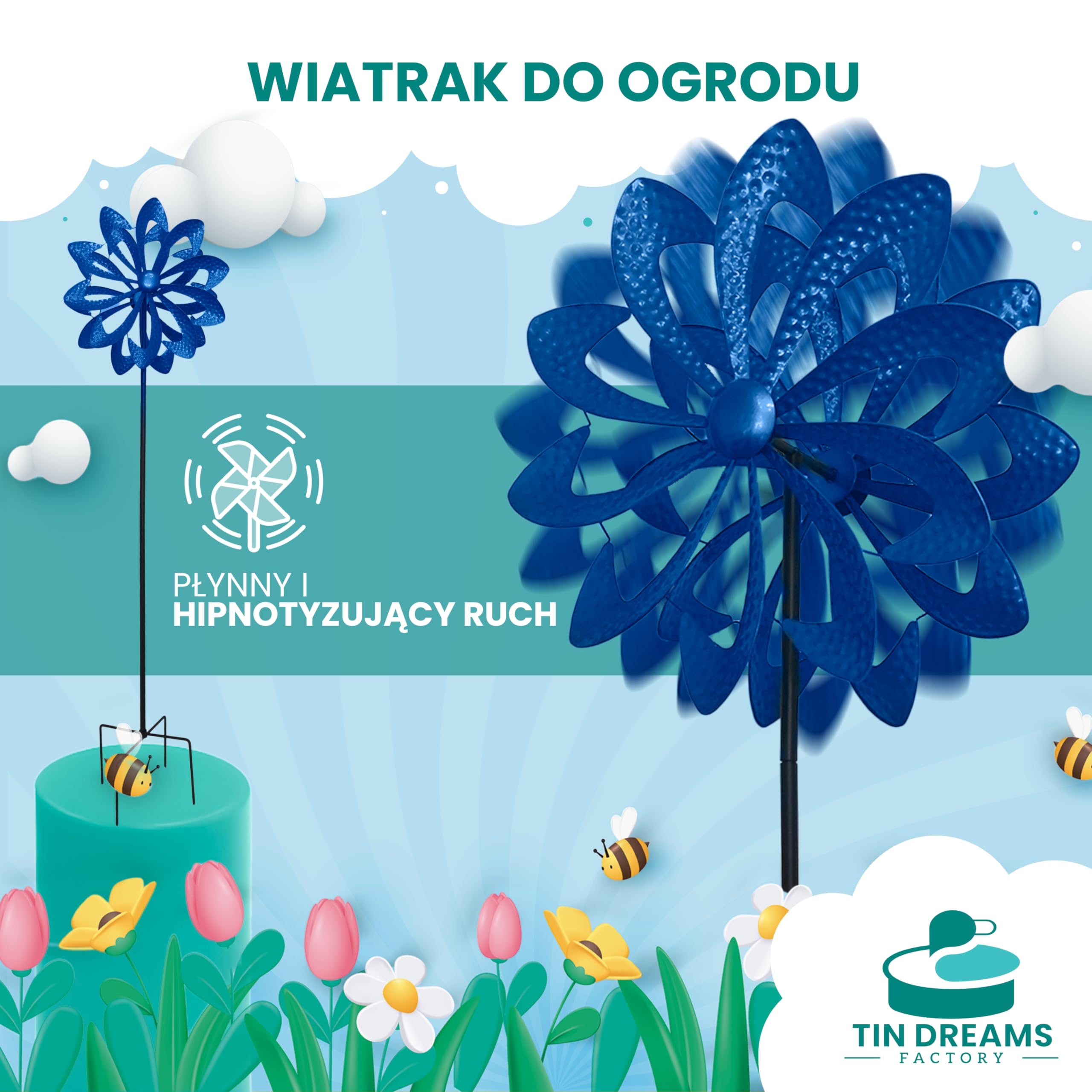 Wiatrak do Ogrodu - Wytrzymały Niebieski Młynek z Metalu - Oryginalna Dekoracja Zewnętrzna - Ogród, Dziedziniec i Taras - Obracająca się Dekoracja Ozdobna z Płynnym Ruchem
