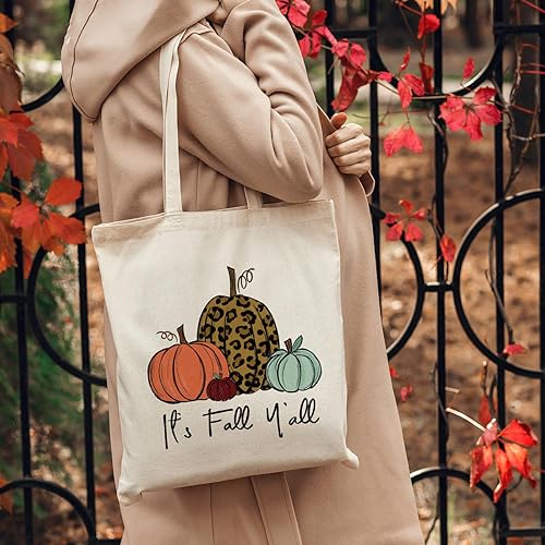 Miniatura 4 de Whaline Paquete de 2 bolsas de lona de otoño, bolsas de comestibles con diseño de calabaza, con texto en inglés "It's Fall Y'all", bolsas de regalo