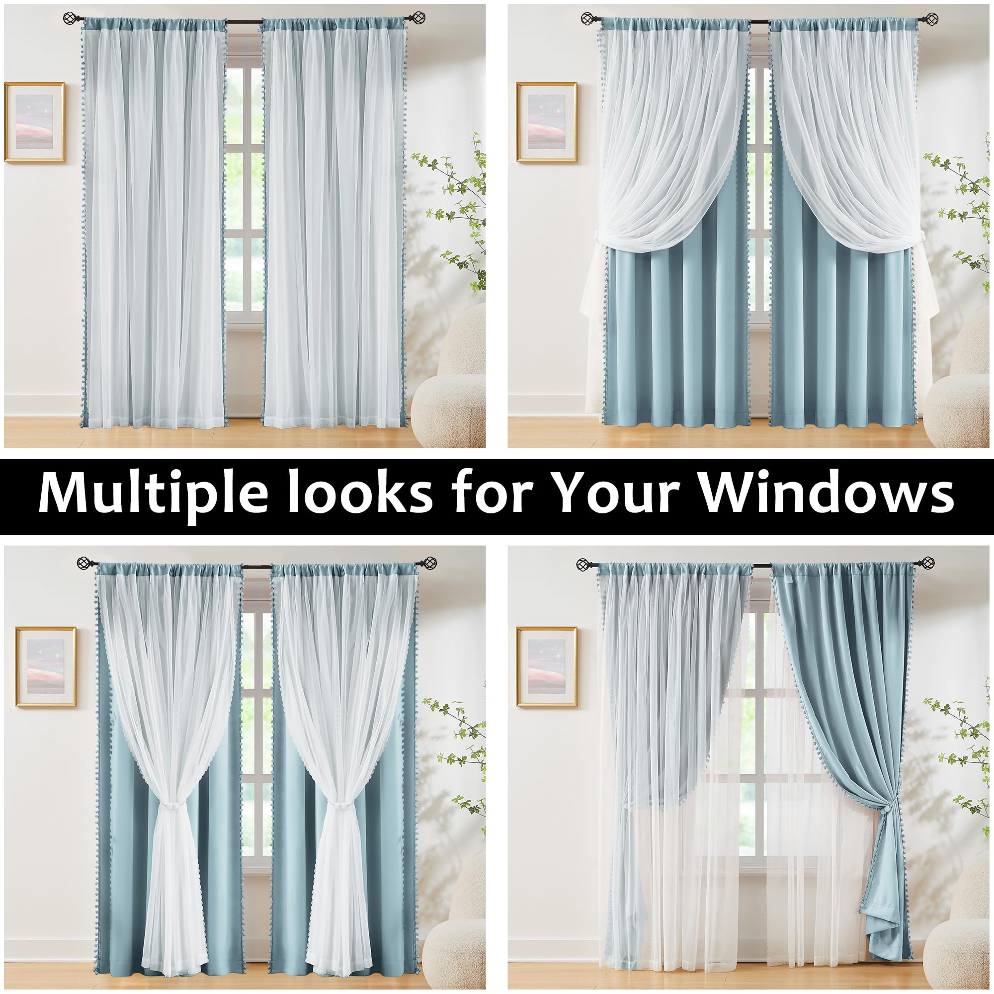 Amazon.com: Pom Pom Blackout Curtains with Sheer Overlay for