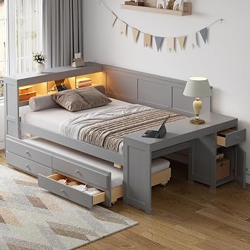 Full Size Daybed with Storage Shelves and Drawers, Solid Wood Sofabed Frame with Trundle, Charging Station, Light, Desk and Cabinet for Home, Bedroom Gray-X62
