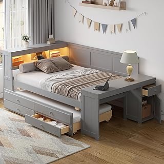Polibi Full Size Daybed with Trundle, Built-in Desk, Charging Station, L...