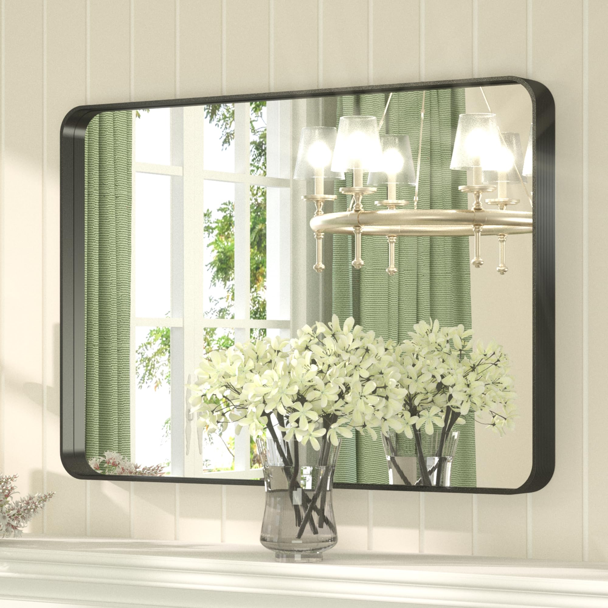 Black Framed Bathroom Mirror, 36x30 Inch Farmhouse Vanity Mirror, Rounded Corner Rectangle Mirror, Matte Black Bathroom Wall Mirror, Anti-Rust, Shatterproof(Horizontal/Vertical)