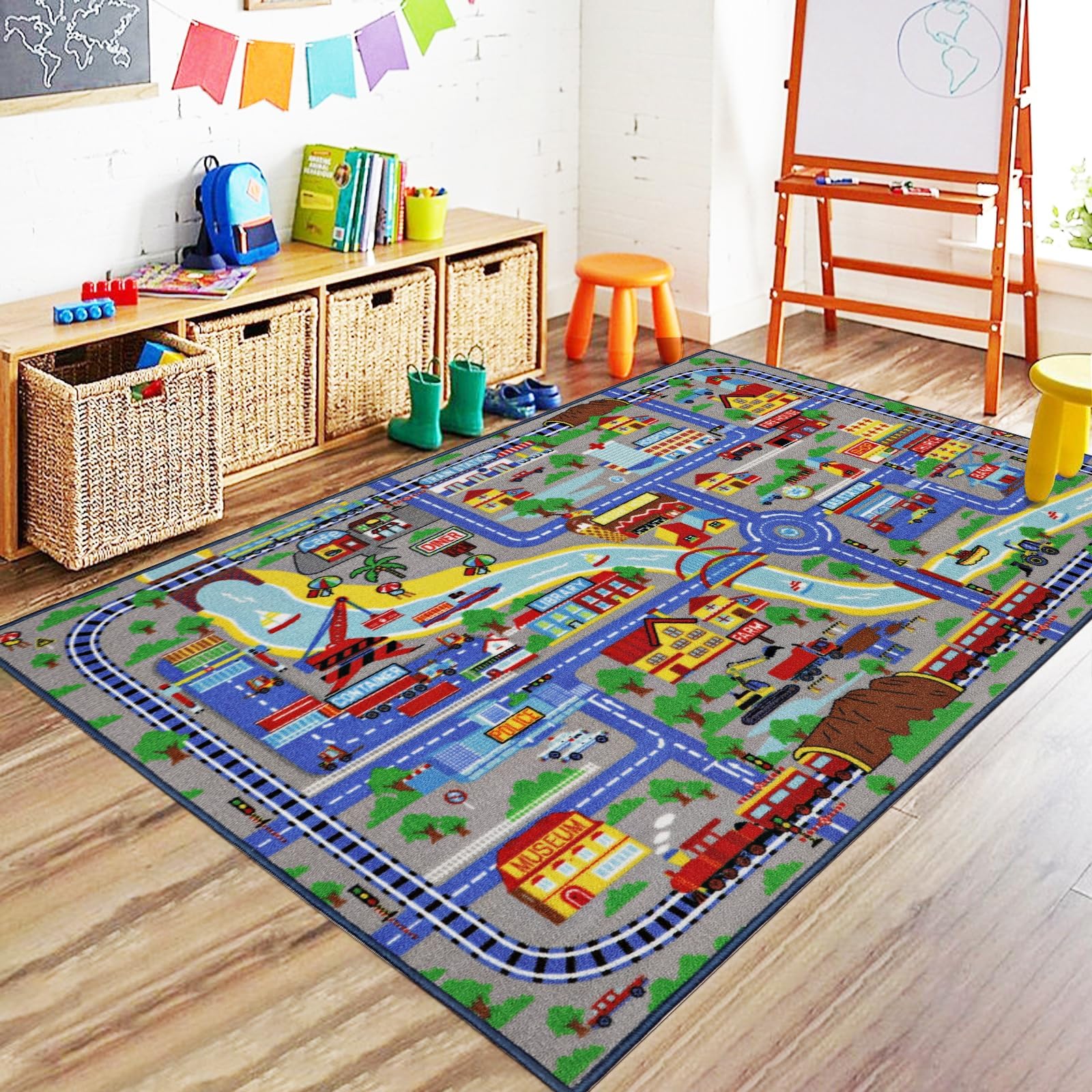 Capslpad Kids Play Mat 100x160cm Non-Slip City Life Play Area Carpet Machine Washable Car Play Mats Short Pile Traffic Road Learning Educational Area Rug for Kids Room Bedroom Playroom Decor, Blue