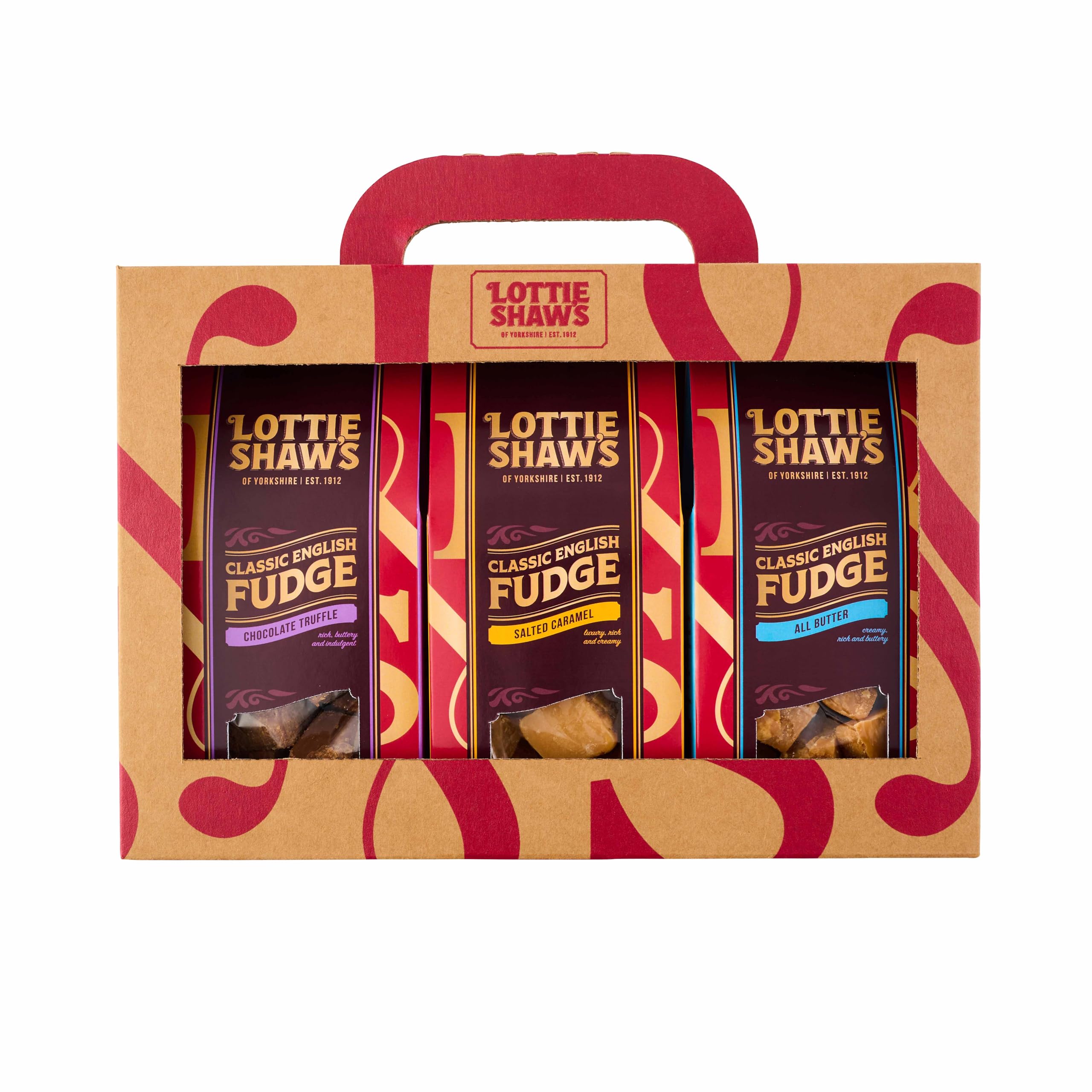 Lottie Shaws - Luxury Fudge Trio Gift Pack, 3 x 150g Packs, English Salted Caramel, Classic All Butter and Rich Chocolate Truffle Fudge, Great Gift, Suitable for Vegetarians, Gluten Free