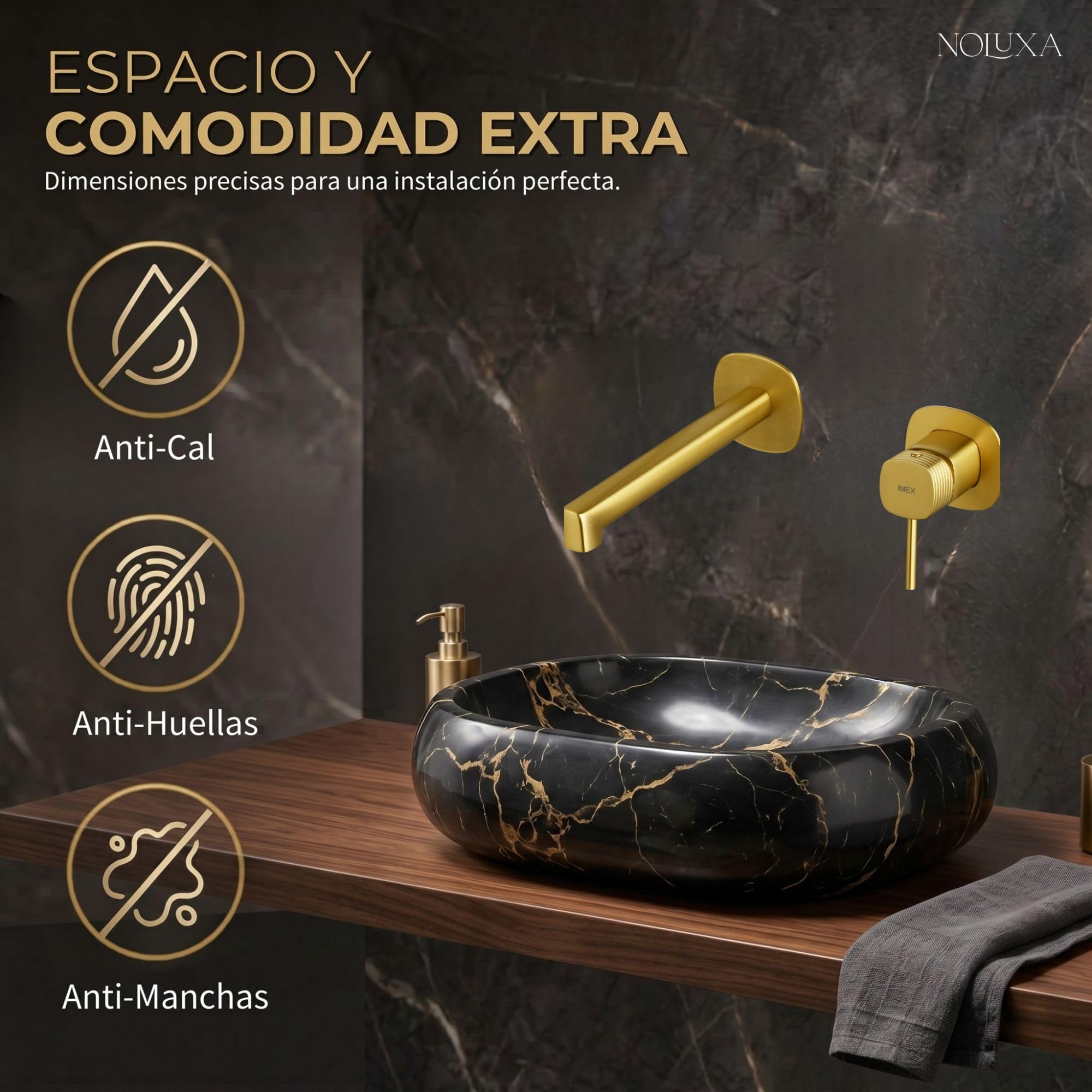 IMEX - Grifo Lavabo Empotrado Oro Cepillado | Grifo de Lavabo Monomando Pared Dorado | Mezclador Agua Fría y Caliente | Grifería en Latón con Cartucho Cerámico Ø35mm | Serie Firenze