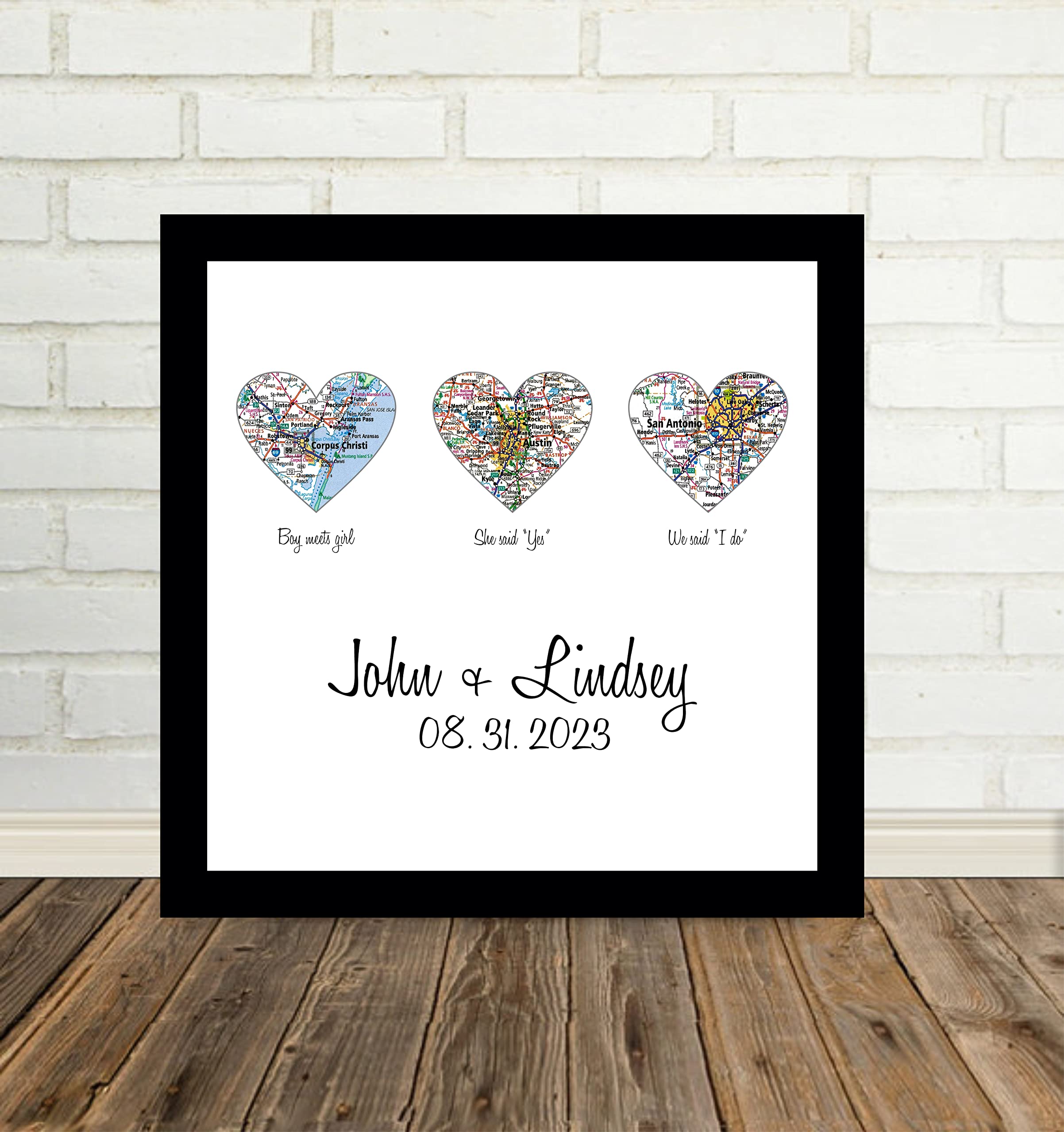 Wedding Gift Framed Art Heart Map Personalized Wedding Gift for Couple Engagement Gift Map Heart