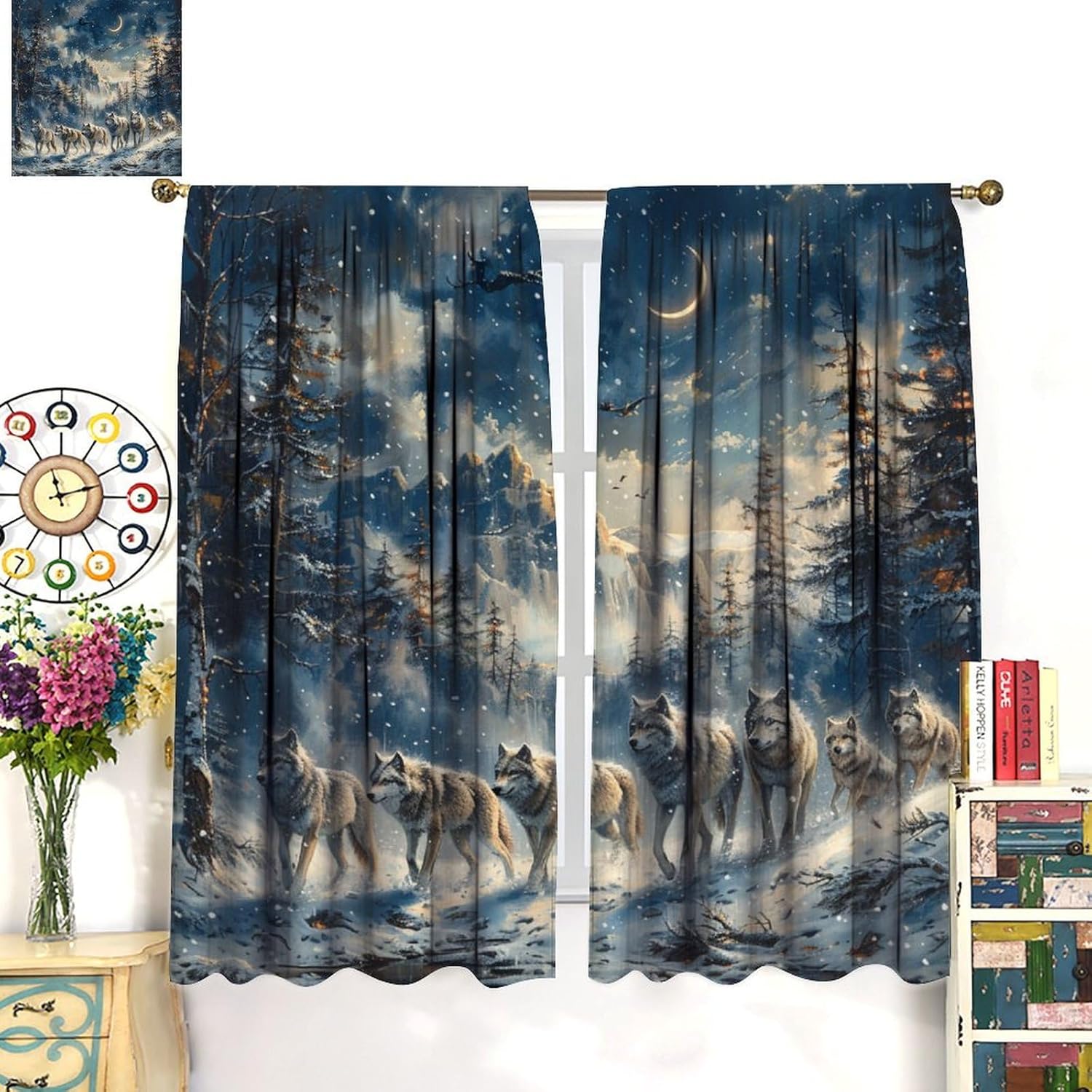 Winter Forest Wolf Blackout Curtains, Fantasy Star Moon Snowy Mountain Home Decor Rod Pocket Window Drapes for Living Room Bedroom- 2 Panels 42" W x 45" L