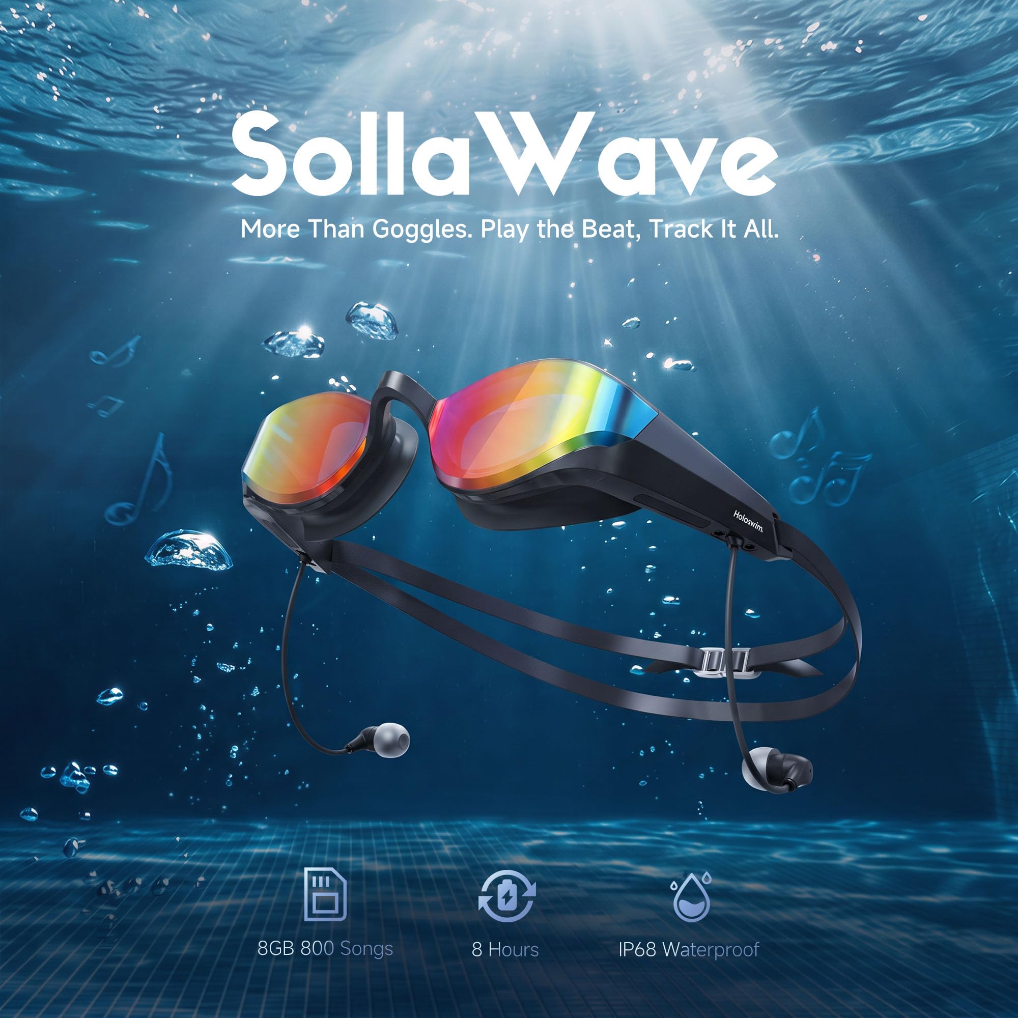 SollaWave AI Music Smart Occhialini da nuoto con cuffie da nuoto integrate, feedback vocale in tempo reale + lettore MP3, sensore di movimento a 9 assi, cuffie impermeabili IP68 per il nuoto, app e
