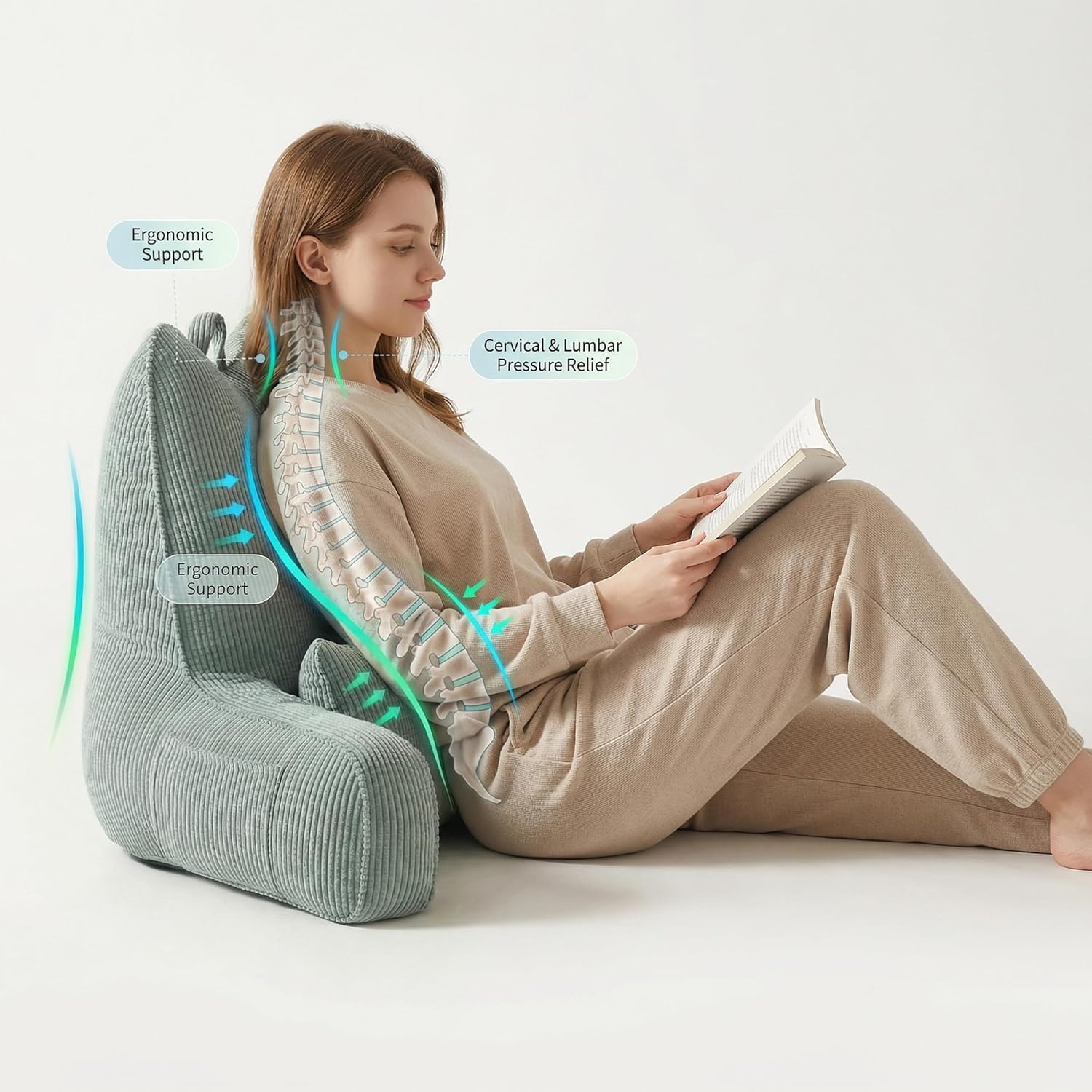 Cat Ear Inspired Corduroy Reading Pillow with Arms, Aesthetic Bed Rest Pillow for Sitting in Bed, Detachable Lumbar Support, Ergonomic Backrest Cushion, Grey Green