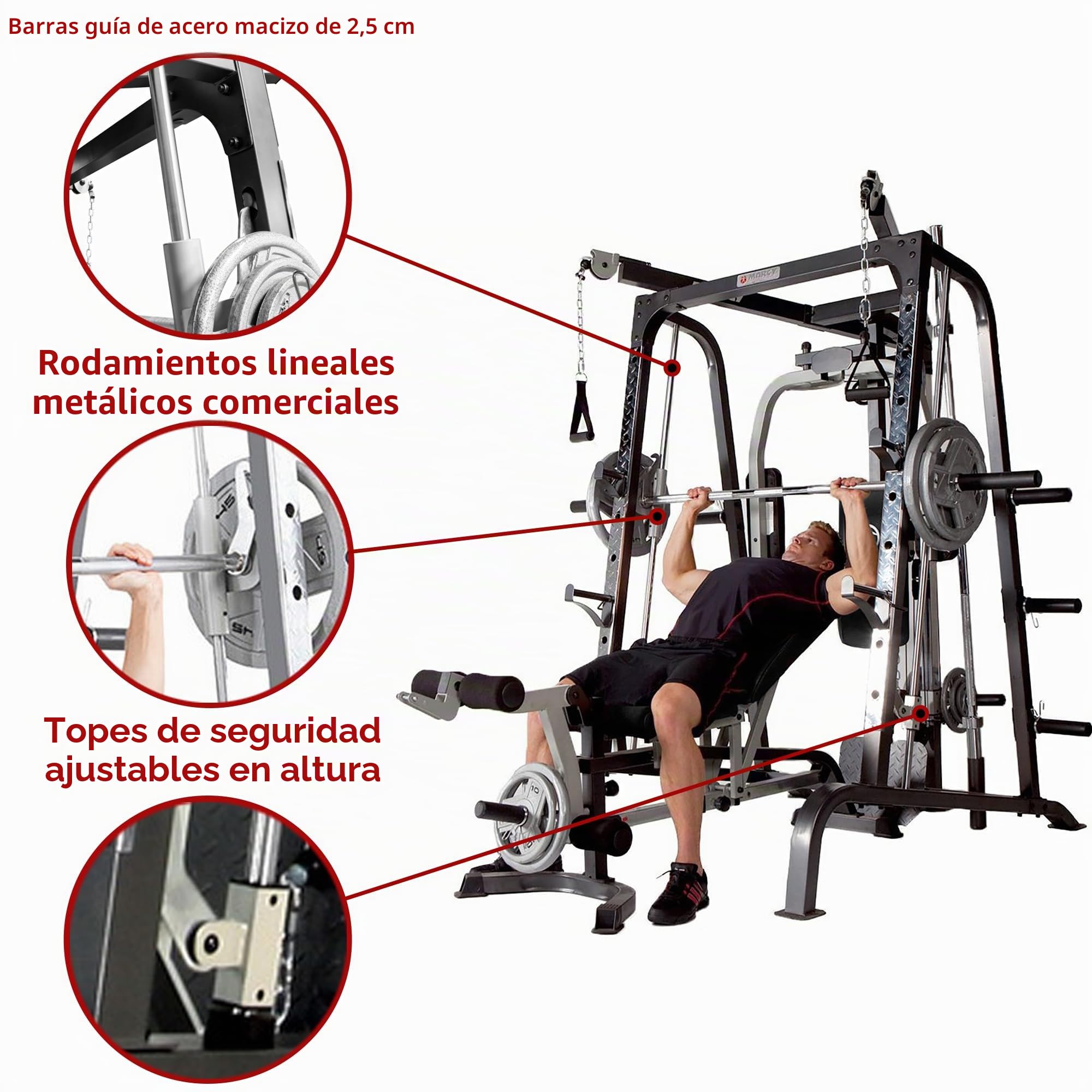 Marcy Deluxe MD-9010G - Máquina Smith Multifunción - Barra Smith con Sistema Poleas (Discos no Incluidos) - Estación Musculación con Banco Multiposición Independiente - Peso Usuario 135kg - Negro
