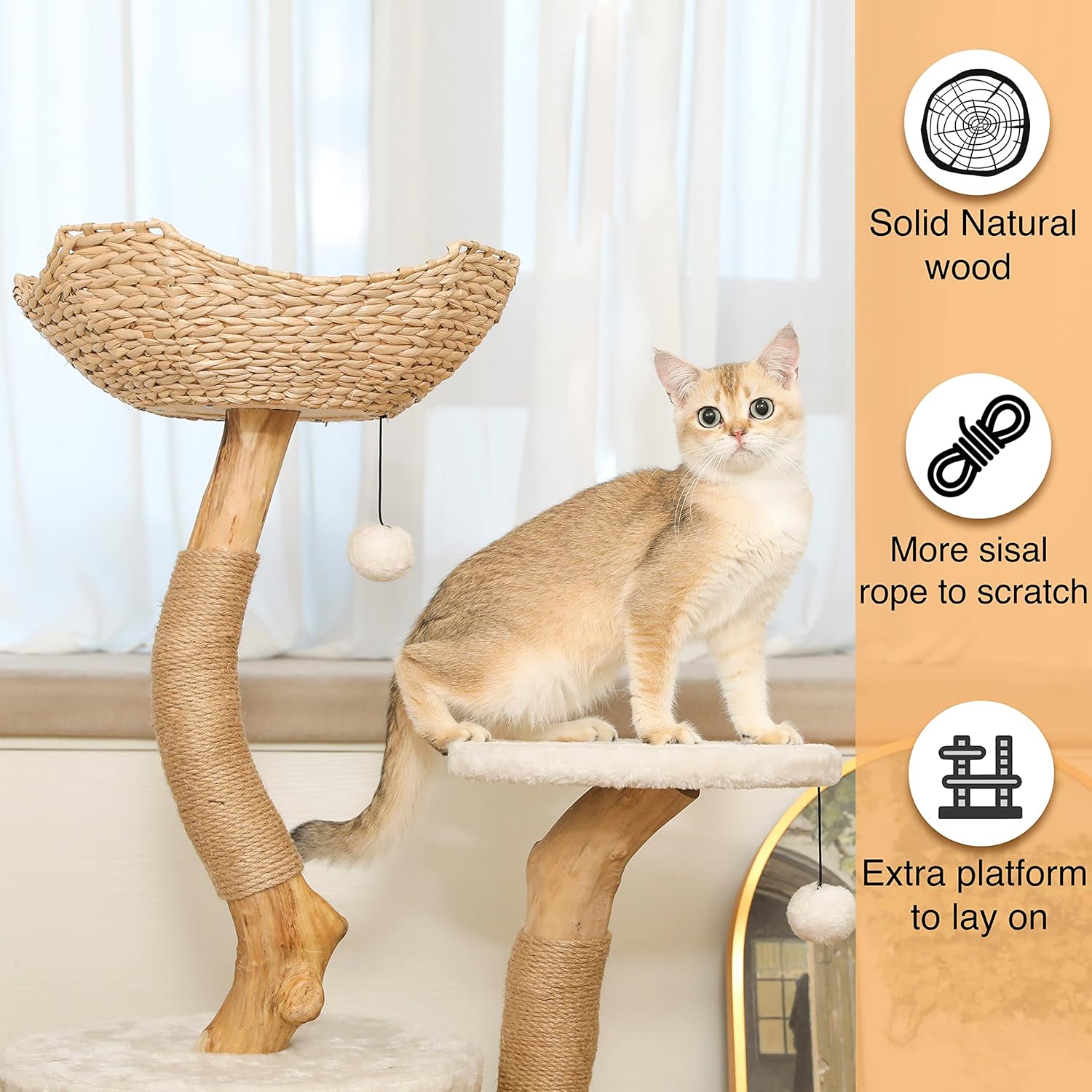 Modern Cat Tree for Indoor Small Cats - Real Wood Cat Tower with Scratch Post, Hiding Enclosure - Unique, Boho,White