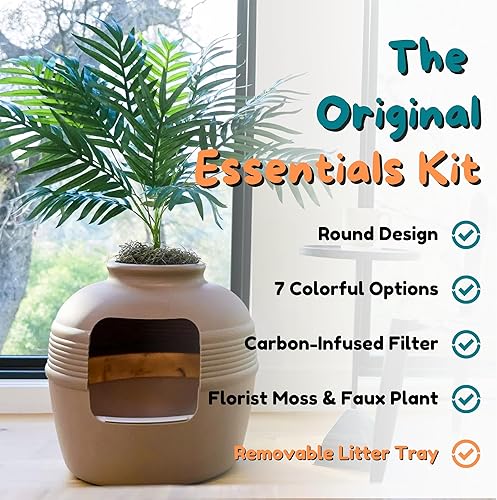 Miniatura 96 de Good Pet Stuff Kit original de caja de arena oculta y forro reutilizable, maceta redonda cerrada con plantas artificiales, sistema de filtro de olor