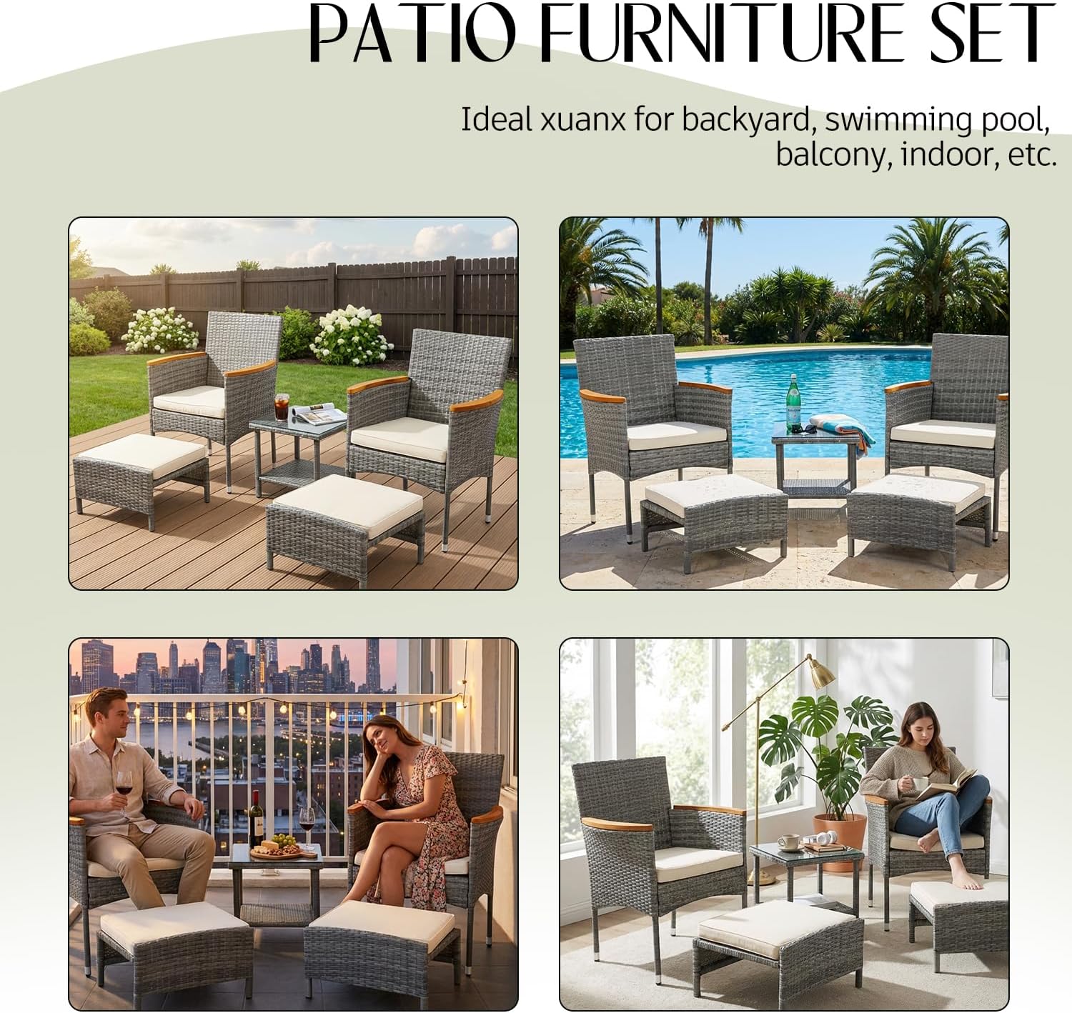 5 PCS Outdoor Patio Furniture Set with Table&Ottoman Outdoor Furniture Patio Set Bistro Wicker Patio Set (Gray Wicker& Basic Cushion, 5PC - 2 Chair + 2 Ottoman + 1 Table)