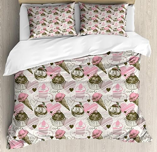 Miniatura 1 de Ambesonne Ice Cream Duvet Cover Sets, Grunge Style Cupcakes with Murky Heart Love Romance Illustration, Bedding Set with 2 Duvet Covers 4