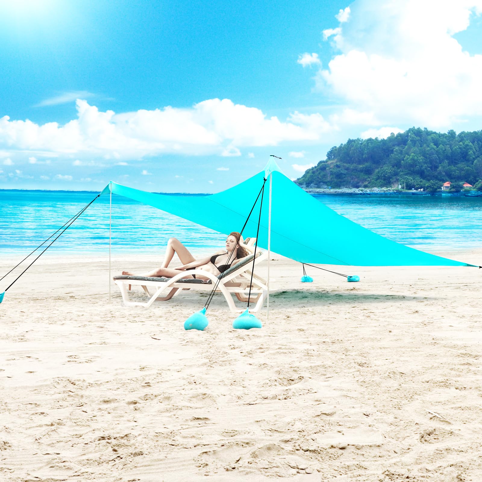 Muszla Plażowa na Zewnątrz do Ochrony Przed Słońcem, Przenośny Namiot Plażowy z 2 Słupkami Ochrona Przed Promieniowaniem UV, żagiel Plażowy z Torbami Plażowymi na Kemping na Plaży 300X300 cm