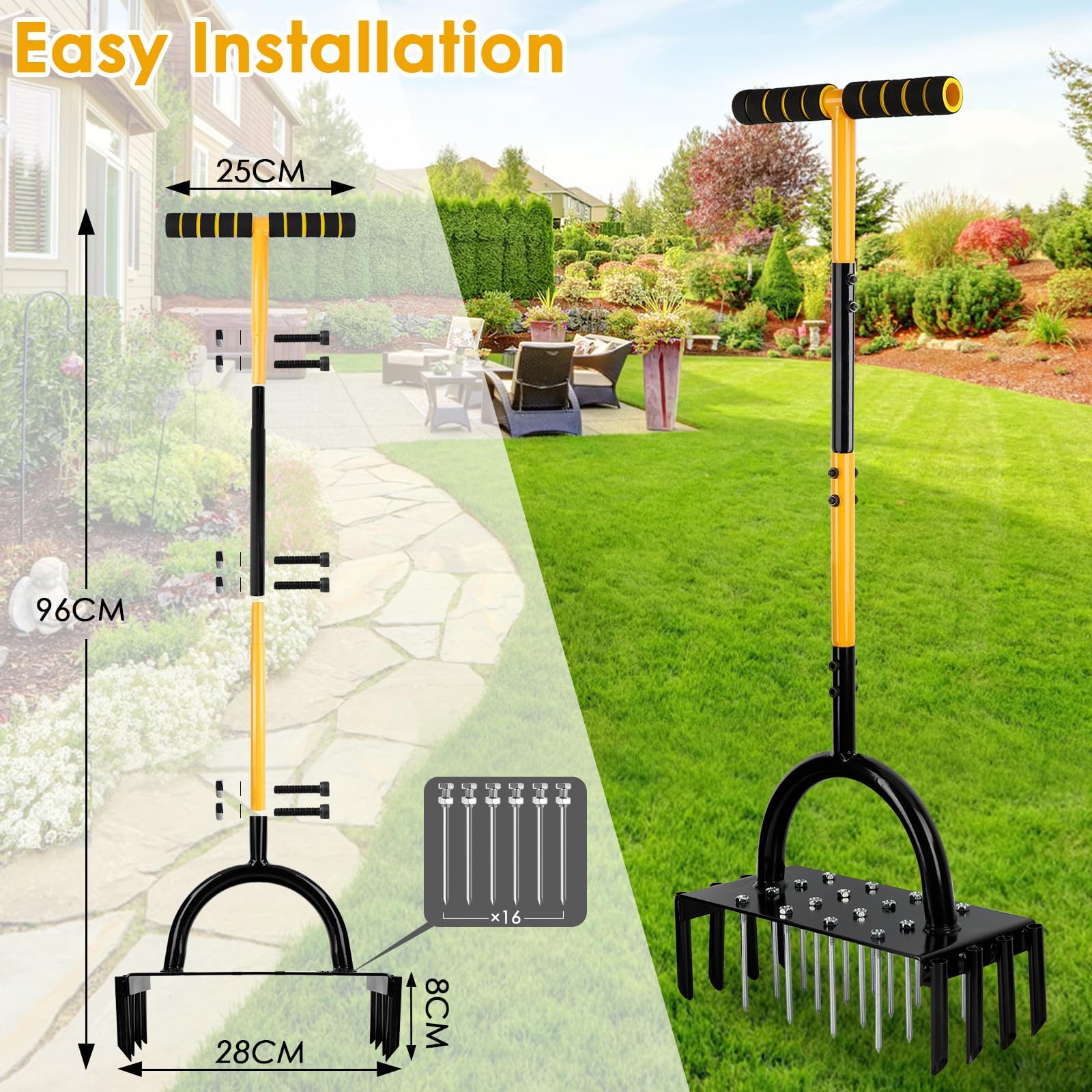 Aireador Herramienta de césped, 96 cm Aireador Cesped Escarificador Cesped Manual, aireador de Tierra Manual con Mango en T con 17 Picos de Acero sólido de 9 cm para airear césped, Patio, Suelos