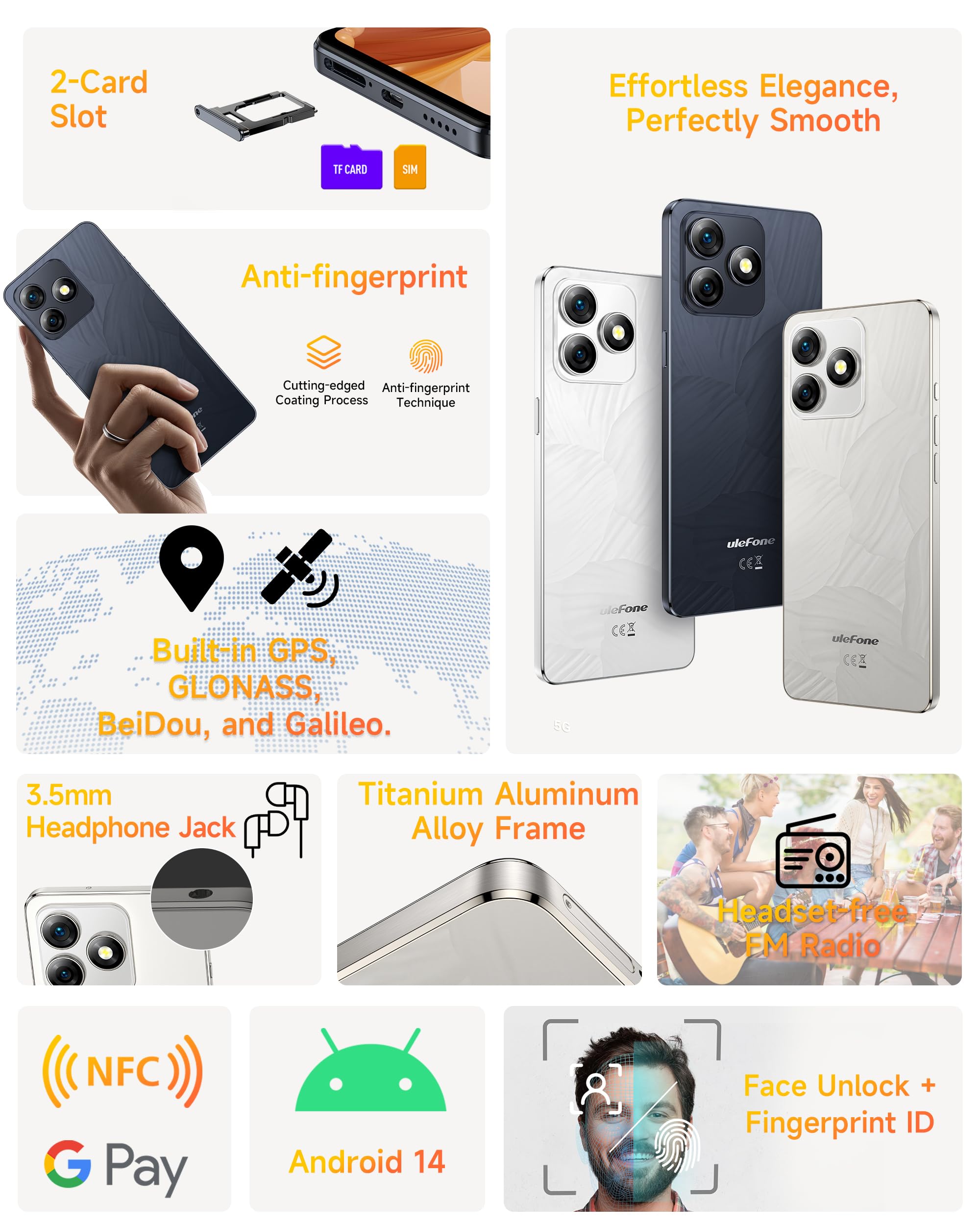 Ulefone Note 18 Pro Handy ohne vertrag, 64MP+50MP+32MP Kamera 12GB+256GB/SD-2TB Android 14 Smartphone mit 18W Schnellladung 6,78 Zoll HD+ 5450mAh Akku 4G Face ID/Fingerprint/GPS/OTG/NFC Schwarz