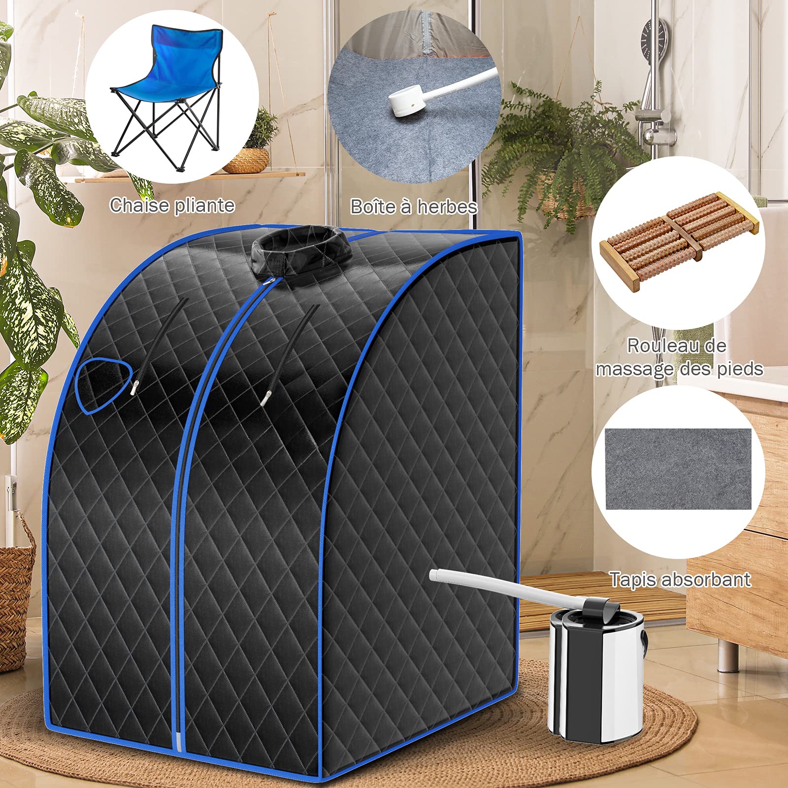 COSTWAY Sauna Cabine Pliable 1000W, 3L Sauna à Vapeur Portable avec Télécommande 9 Options de Minuterie Fonction de Vaporisation, Appareil à Vapeur Couvercle en Verre Trempé Anti-Explosion (Noir)