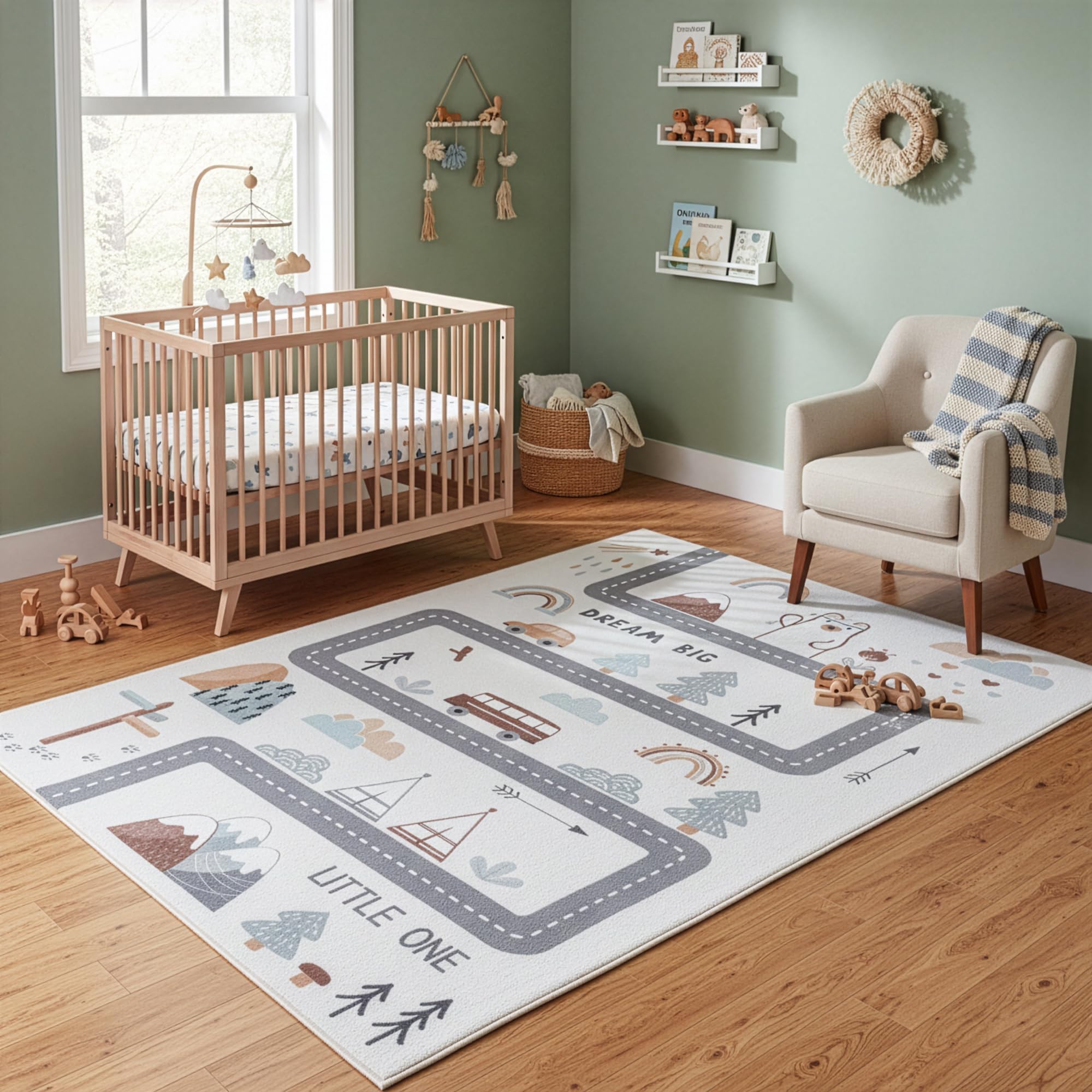 Carpetsale24 Kinderteppich Straße Spielteppich für Kinderzimmer in Creme mit Fahrzeug und Natur Motiv Größe 200x290 cm ideal für Spielzimmer