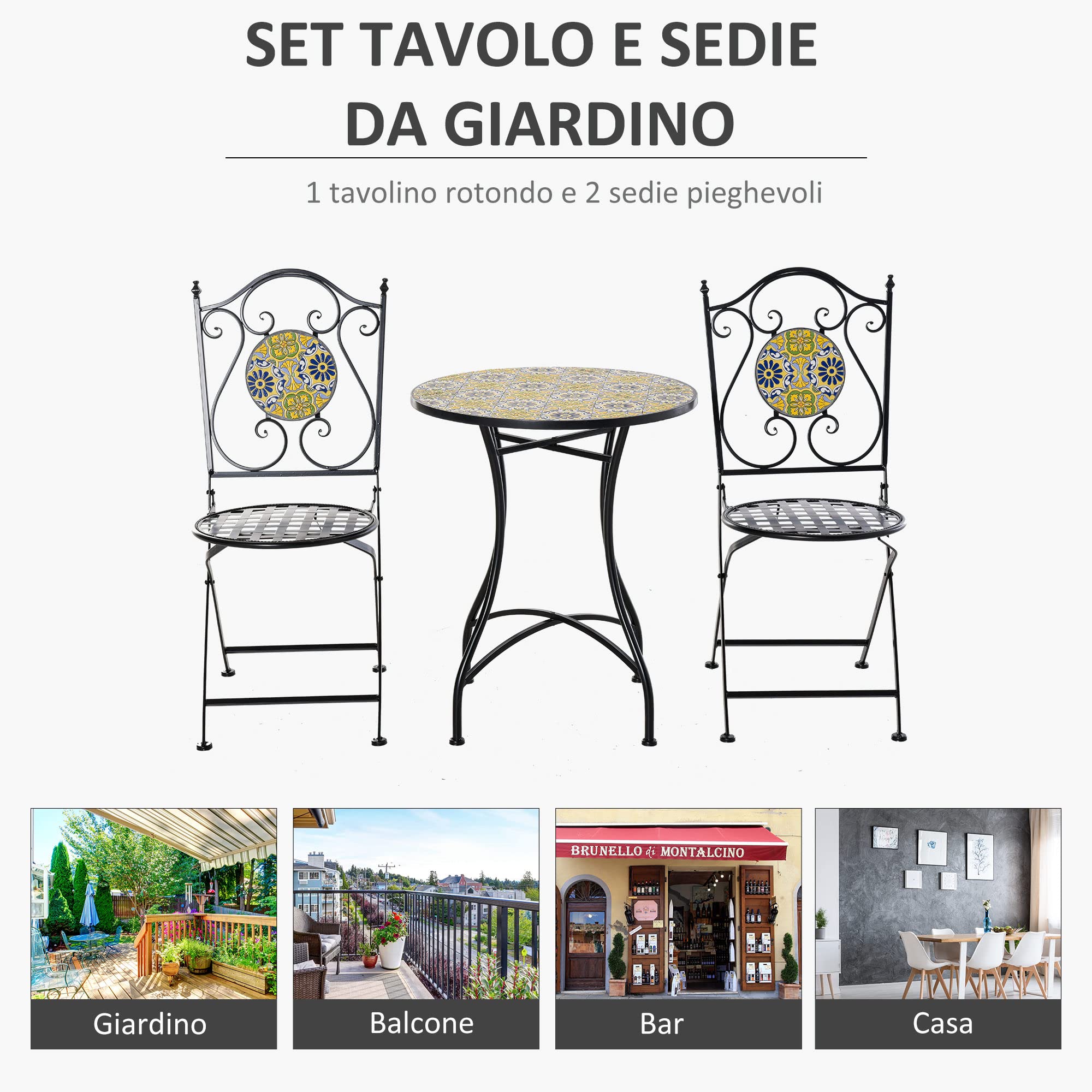 Outsunny Set Tavolo e Sedie da Balcone 3 Pezzi, Set da Giardino Pieghevoli in Metallo con Maioliche Colorate, Multicolore