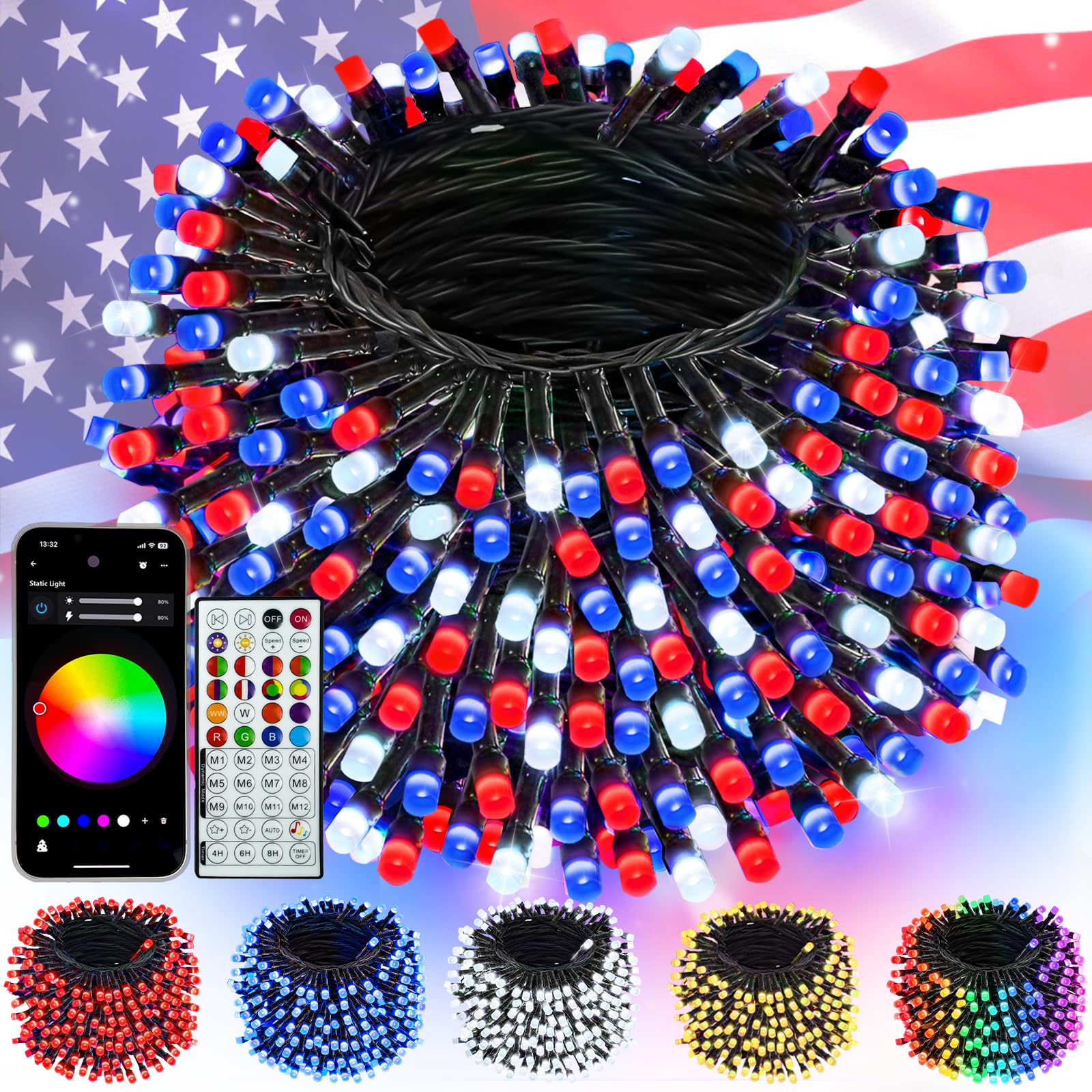 240LED Smart 4th of July String Lights App Controlled, 95FT