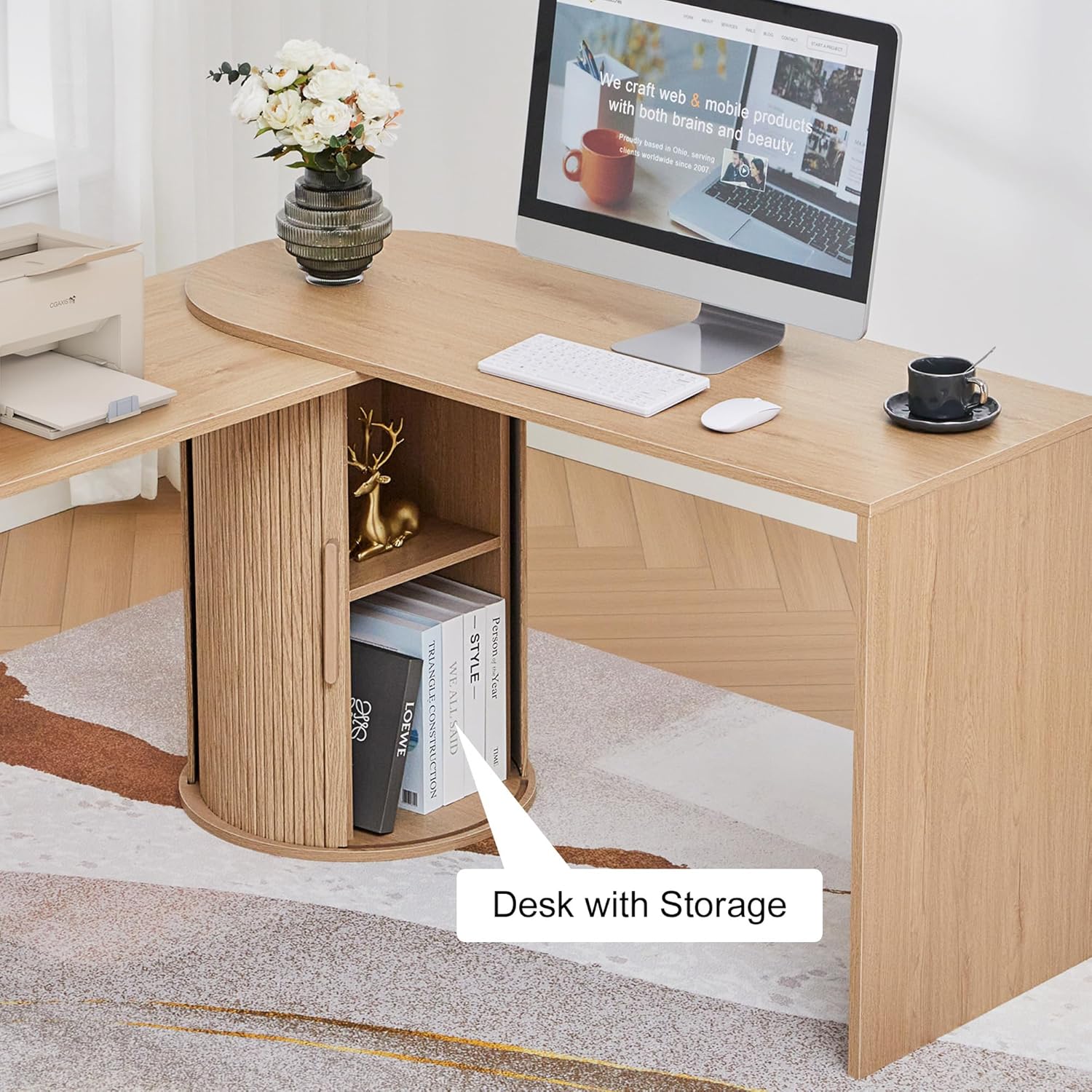 Fluted Computer PC Desk Table with Storage, Boho Corner L Shaped Desk with Storage for Small Space, Modern Home Office Desk for Bedroom, for Writing, Executive, Study, Work - Natural