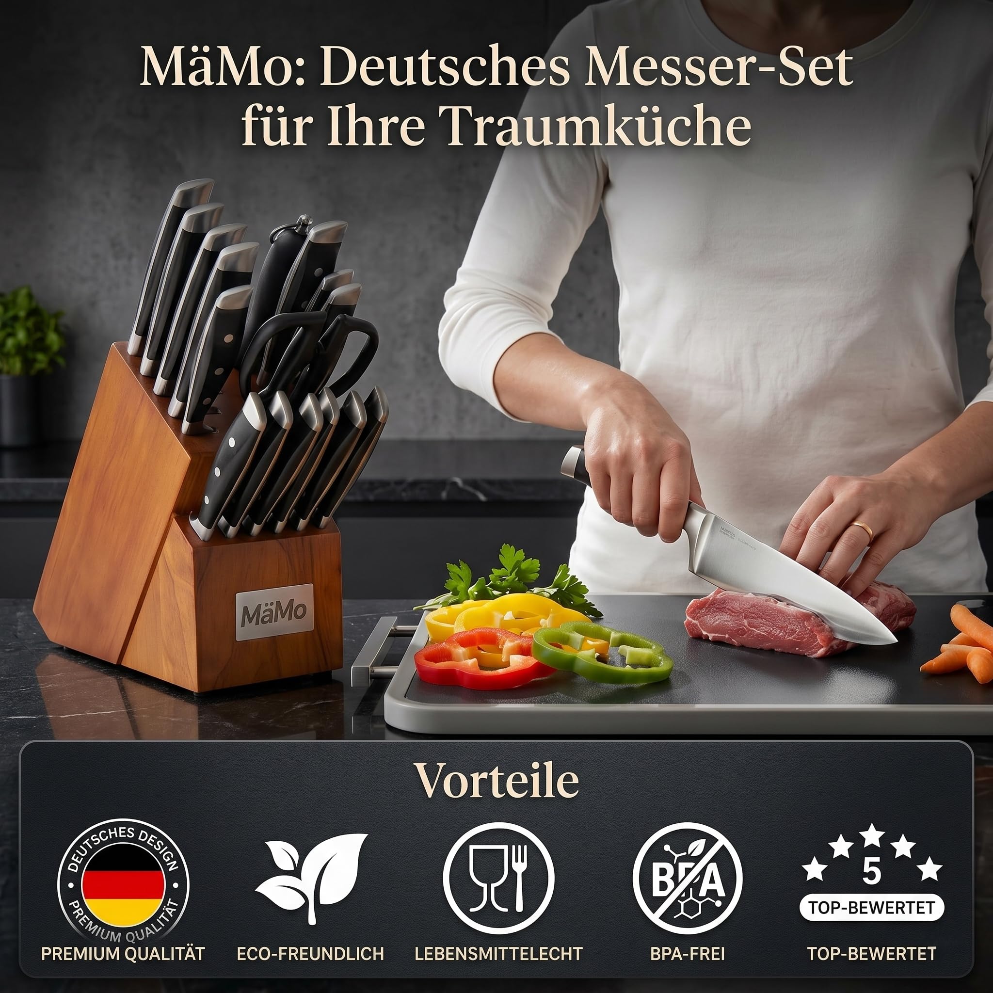 Set di 19 coltelli con ceppo e tagliere in titanio, set di coltelli da cucina professionali in acciaio inox con coltello da cuoco, coltello Santoku, 6 coltelli da bistecca, acciaio affilato, forbici