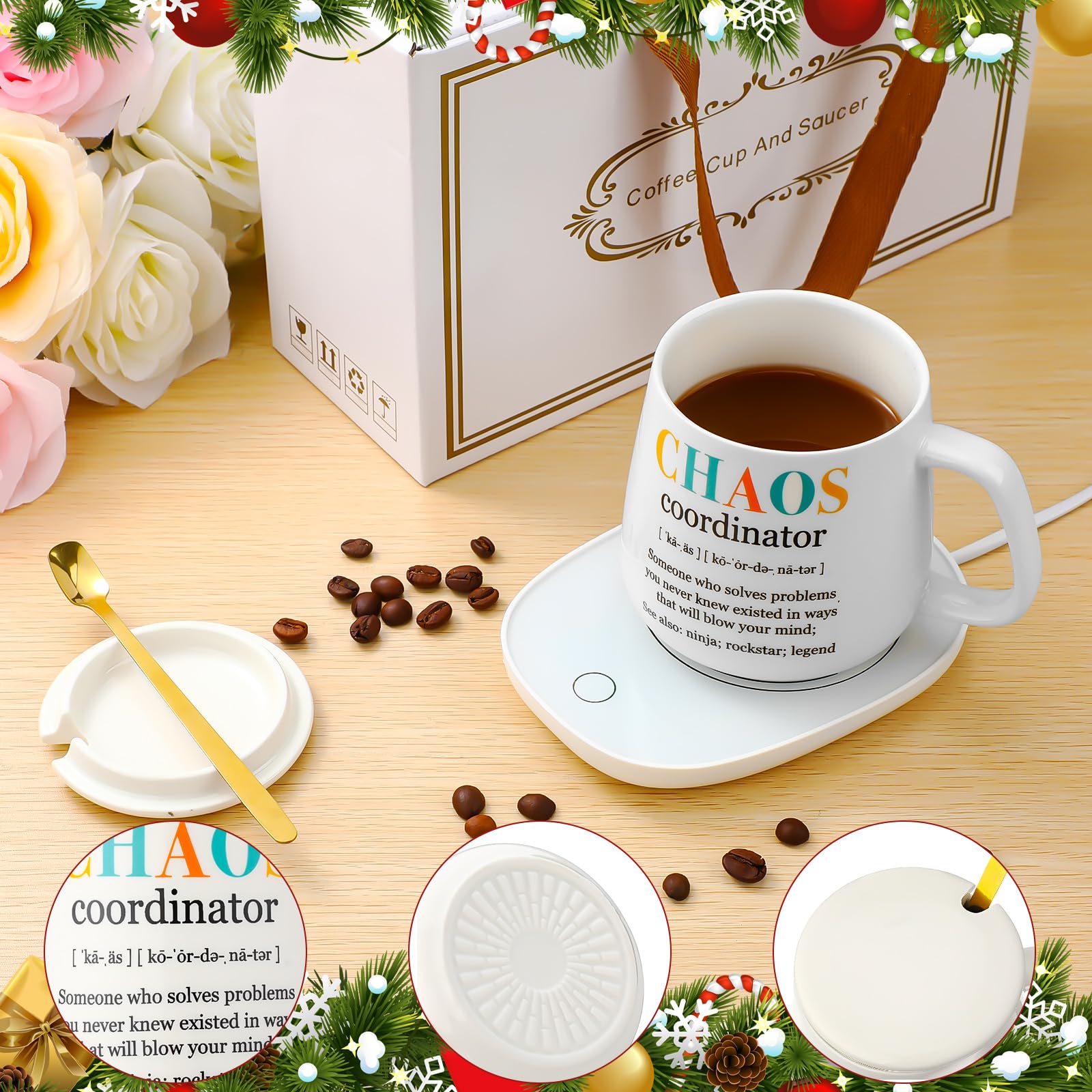 Juego de tazas de café para coordinador de graduación, calentador de tazas de café, para escritorio, oficina, hogar, con cuchara, agradecimiento, regalos de agradecimiento, compañero de trabajo 2