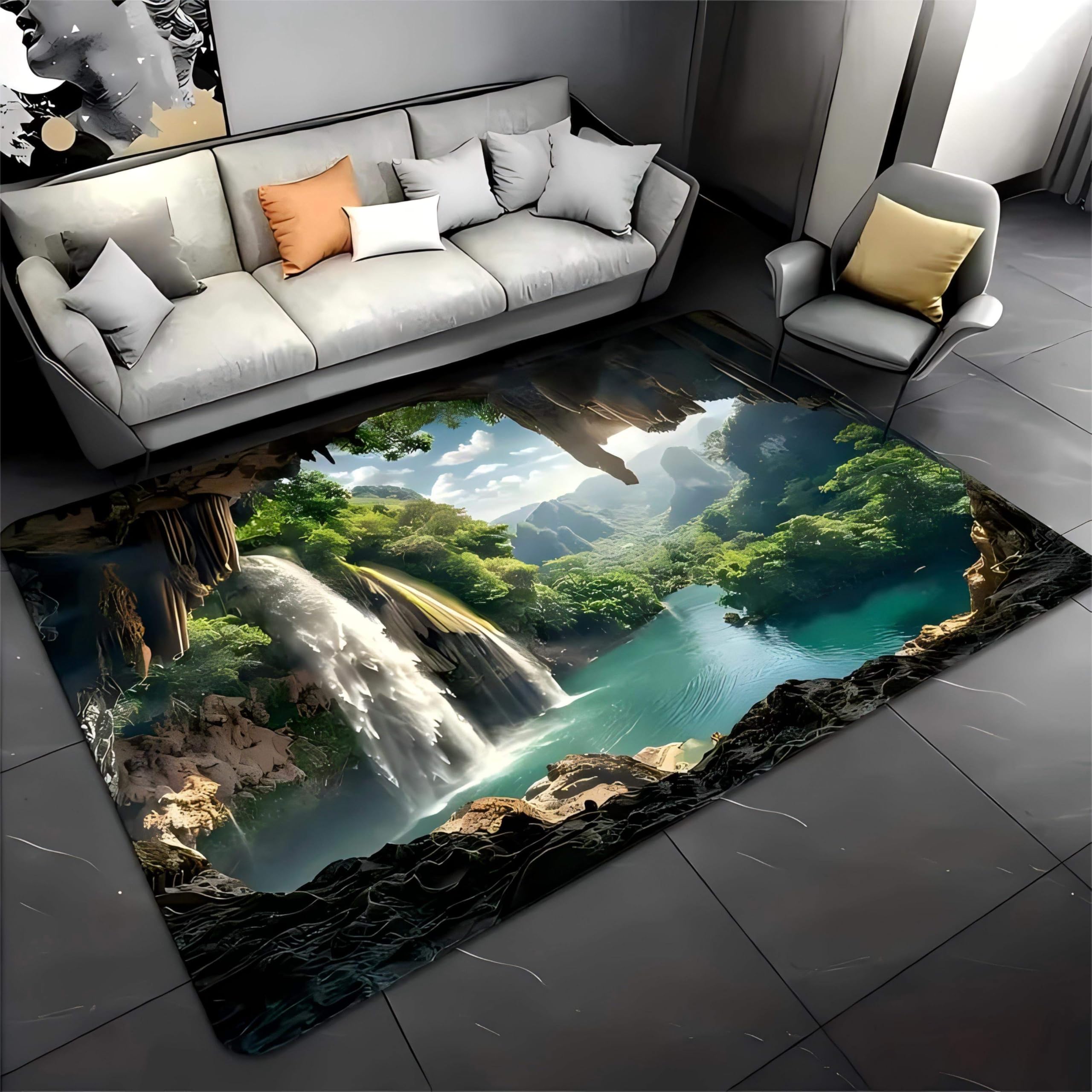 SOJAWA Optical Illusion Area Rug, 180x300cm 3D Mountain Waterfall River Scenery Rug, Soft Comfortable Washable Durable Kitchen Mat for Living Room Game Room Welcome Entryway Short Pile Rugs