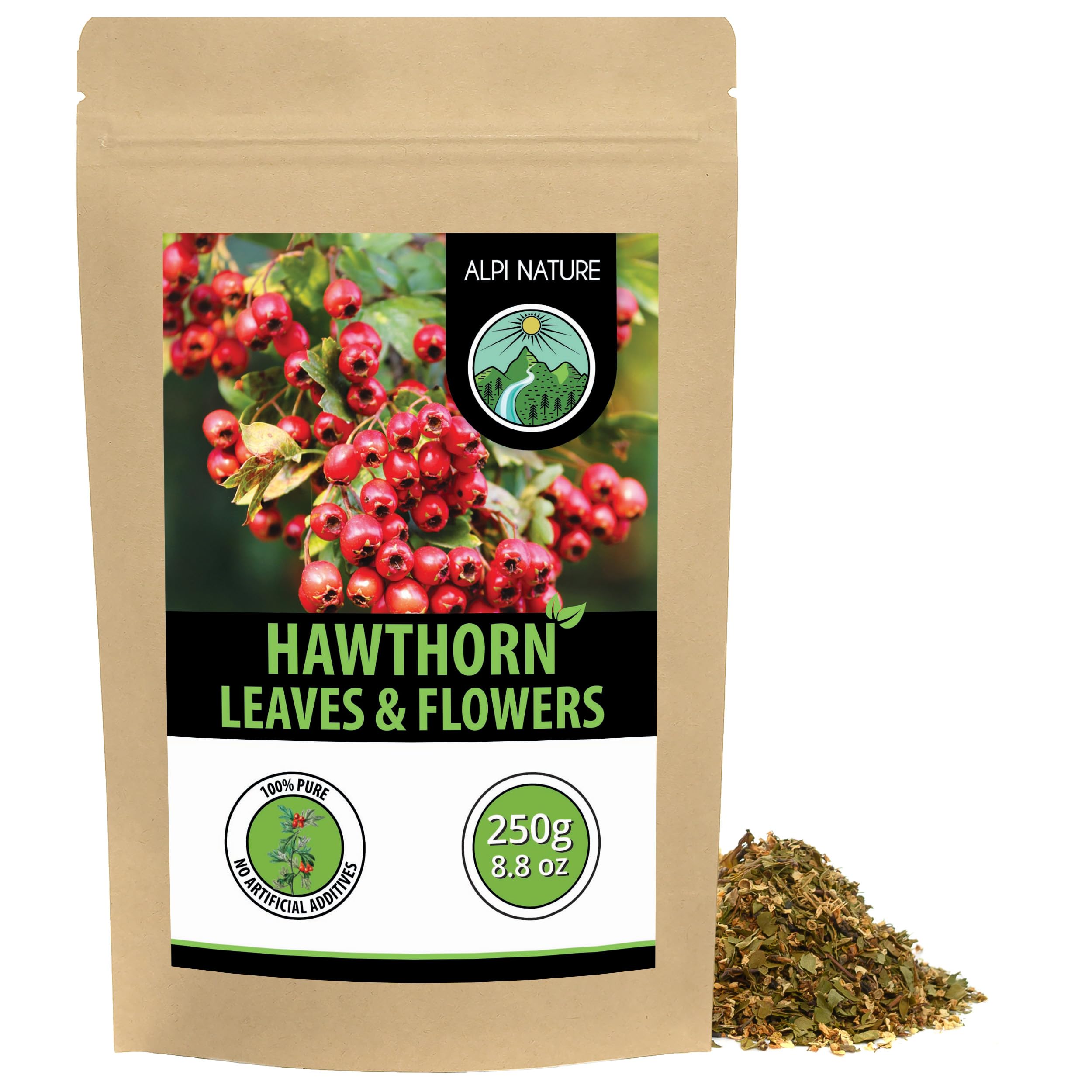 Alpi Nature Hawthorn Tea 250g 8.8 oz, Loose Leaf Tea, Dried and Cut Hawthorn Leaves and Flowers