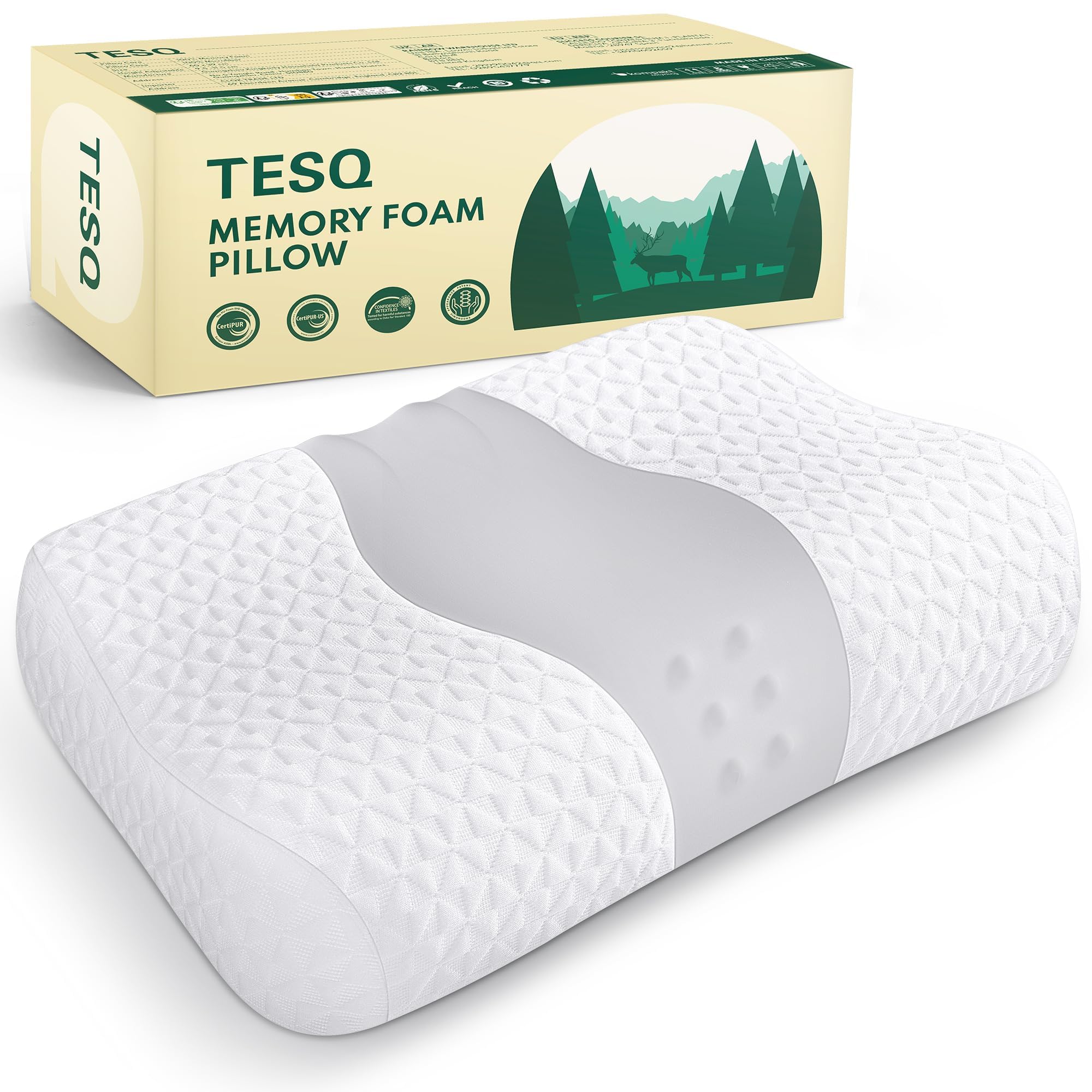 TESQ Cuscino Memory Foam Cuscini Letto Regolabile in Altezza – Ideale per Chi Dorme di Fianco, sulla Schiena o sulla Pancia, Federa Lavabile 40 x 60 cm