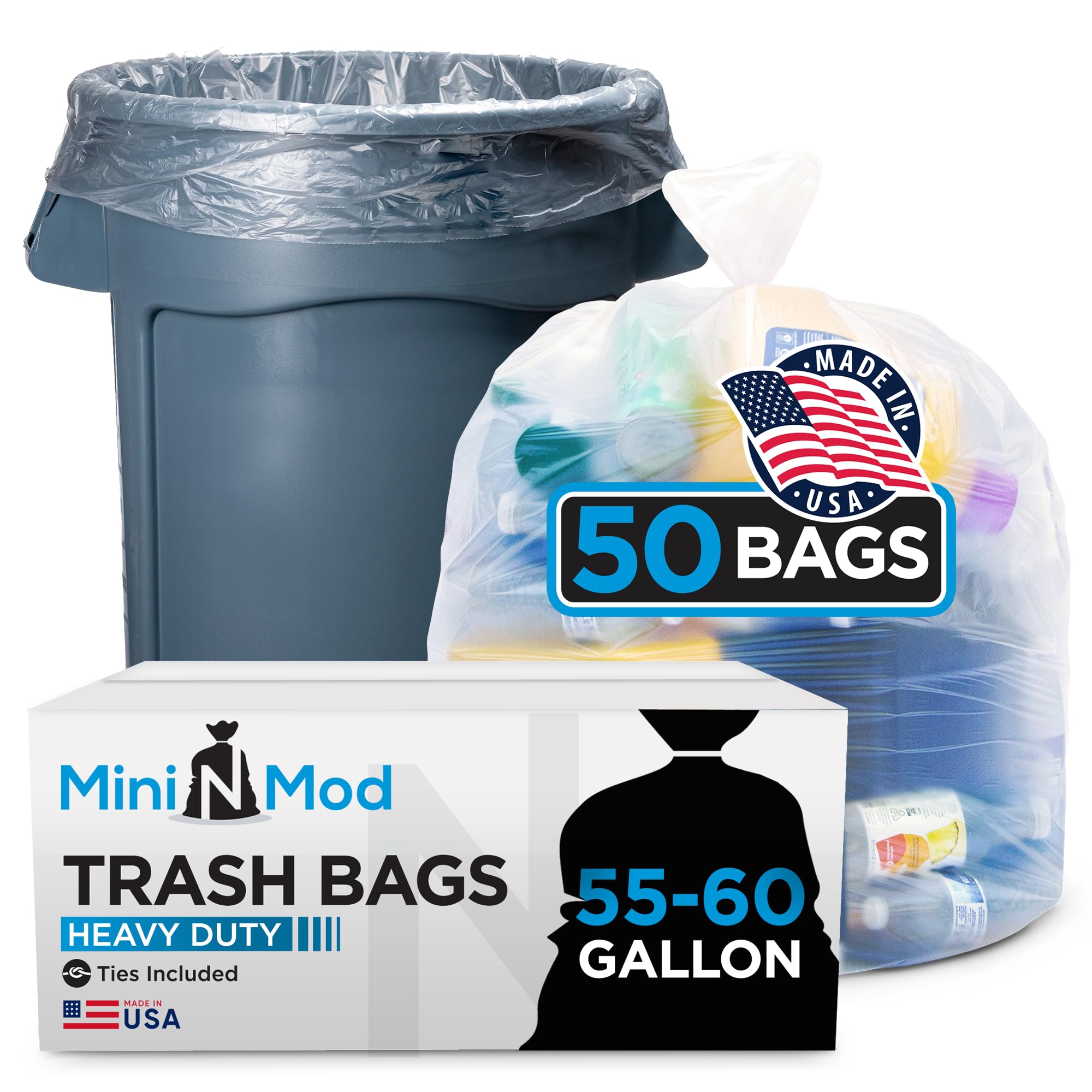 55-60 Gallon Clear Trash Bags | 50 Count | Large Clear Plastic Bags for Recycling, Garbage, and Commercial Use – Fits 55 Gallon and 60 Gallon Trash