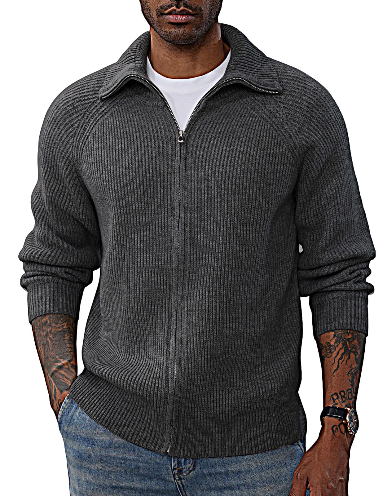 PJ PAUL JONESMen's Full Zip Cardigan Sweaters Unisex Relax Fit Lapel Collar Raglan Sleeve Casual Ribbed Sweater