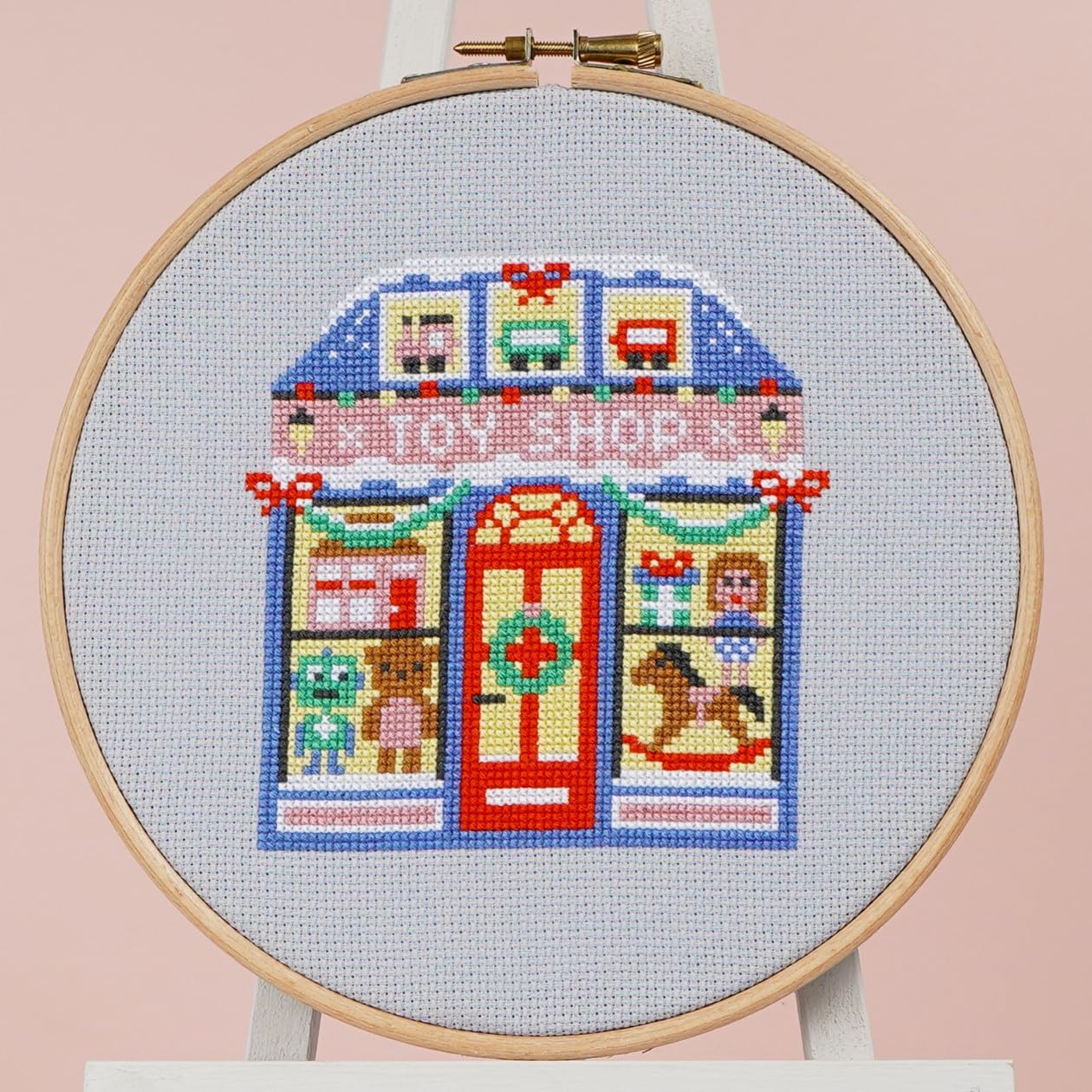Cross Stitch Kit - Jingle Bell Toy Shop for Beginners Modern Kit Includes DMC Threads and Zweigart Fabric