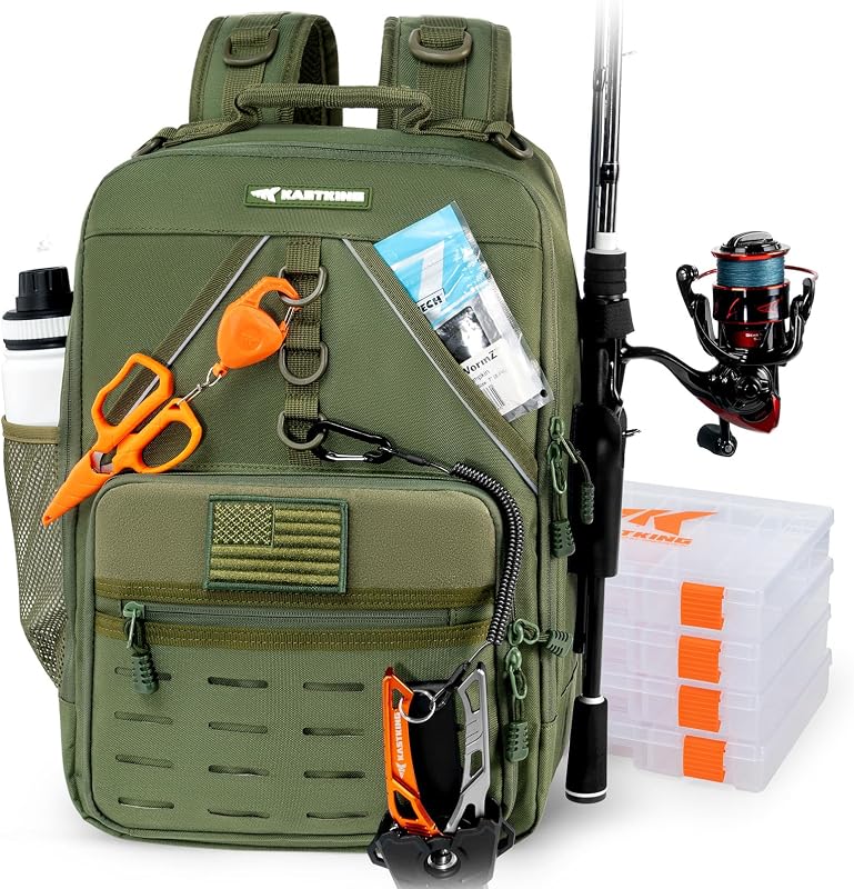 KarryAll Fishing Backpack with Rod Holder 4 Tackle Boxes, 40/26L